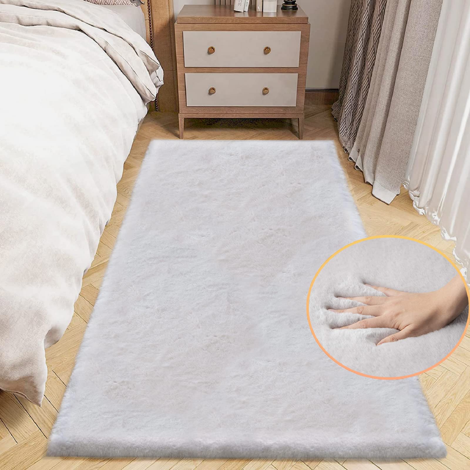 ORINOVA White Faux Rabbit Fluffy Fur Rugs for Bedroom Machine Washable Furry Area Rugs for Living Room Smal 2x4 Shag Runner Rug Nursery Rug