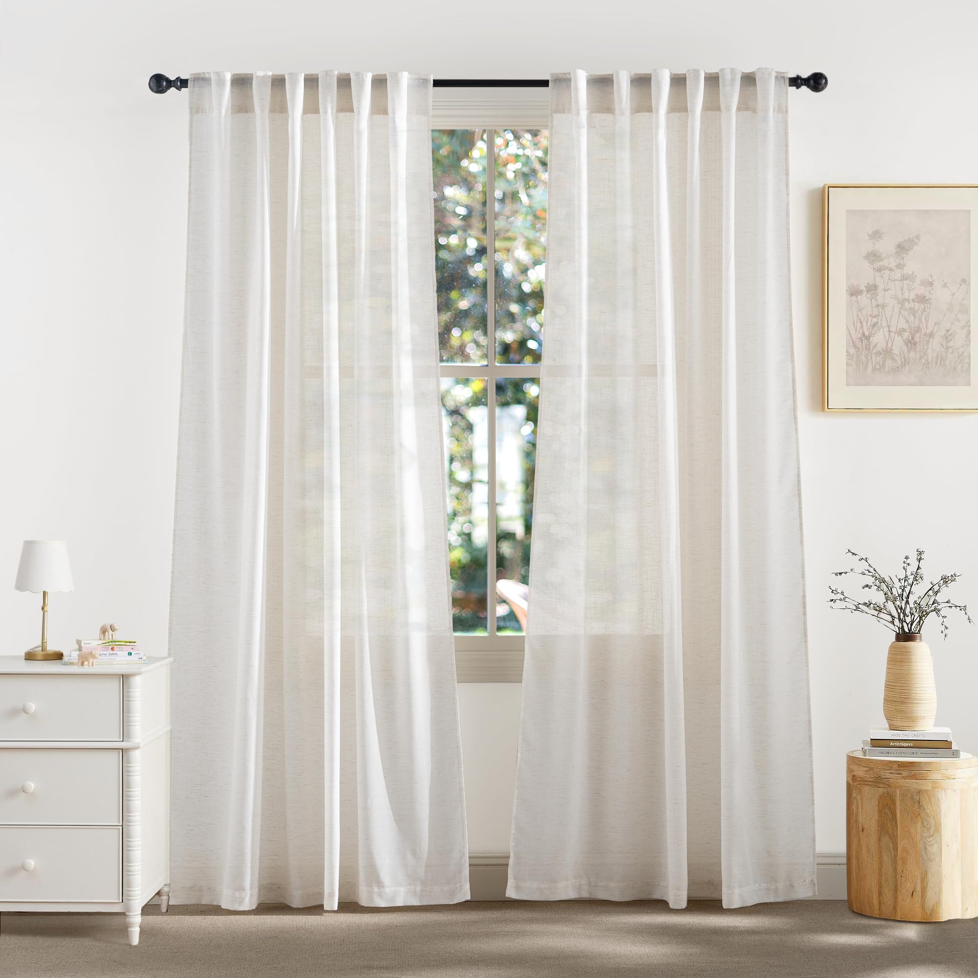 RYB HOME Linen Sheer Curtains and Drapes for Living Room 108 inches Length, Breathable Back Tab/Rod Pocket Semi Sheer Curtains, Oatmeal, W 52 x L 108 inches, 2 Panels Set