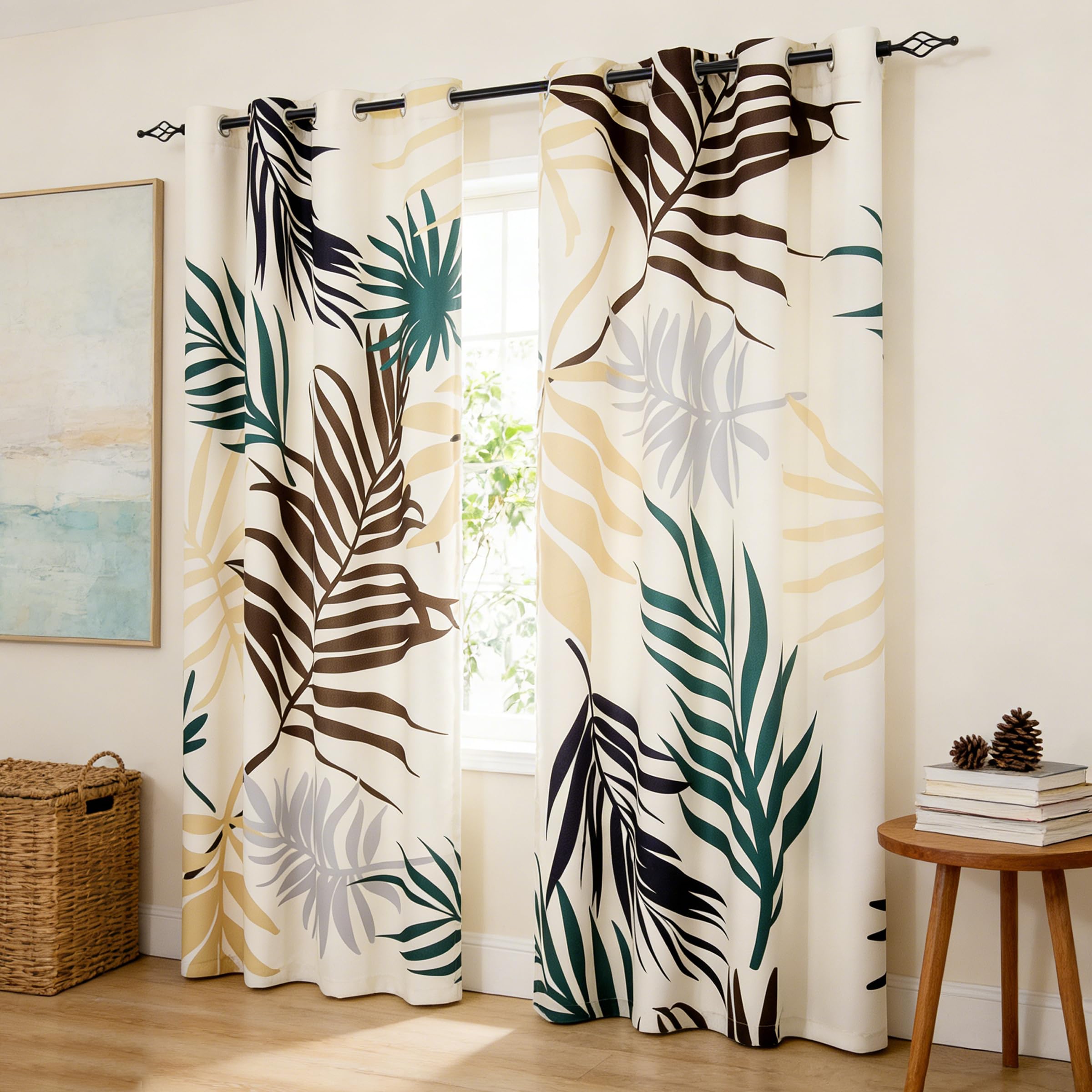 SUBRTEX Light Flitering Curtains 52Wx84L, Room Darkening Vibrant Floral Drapes, 50% Blackout, Semi Sheer Boho Farmhouse Curtains for Living Room, Brown