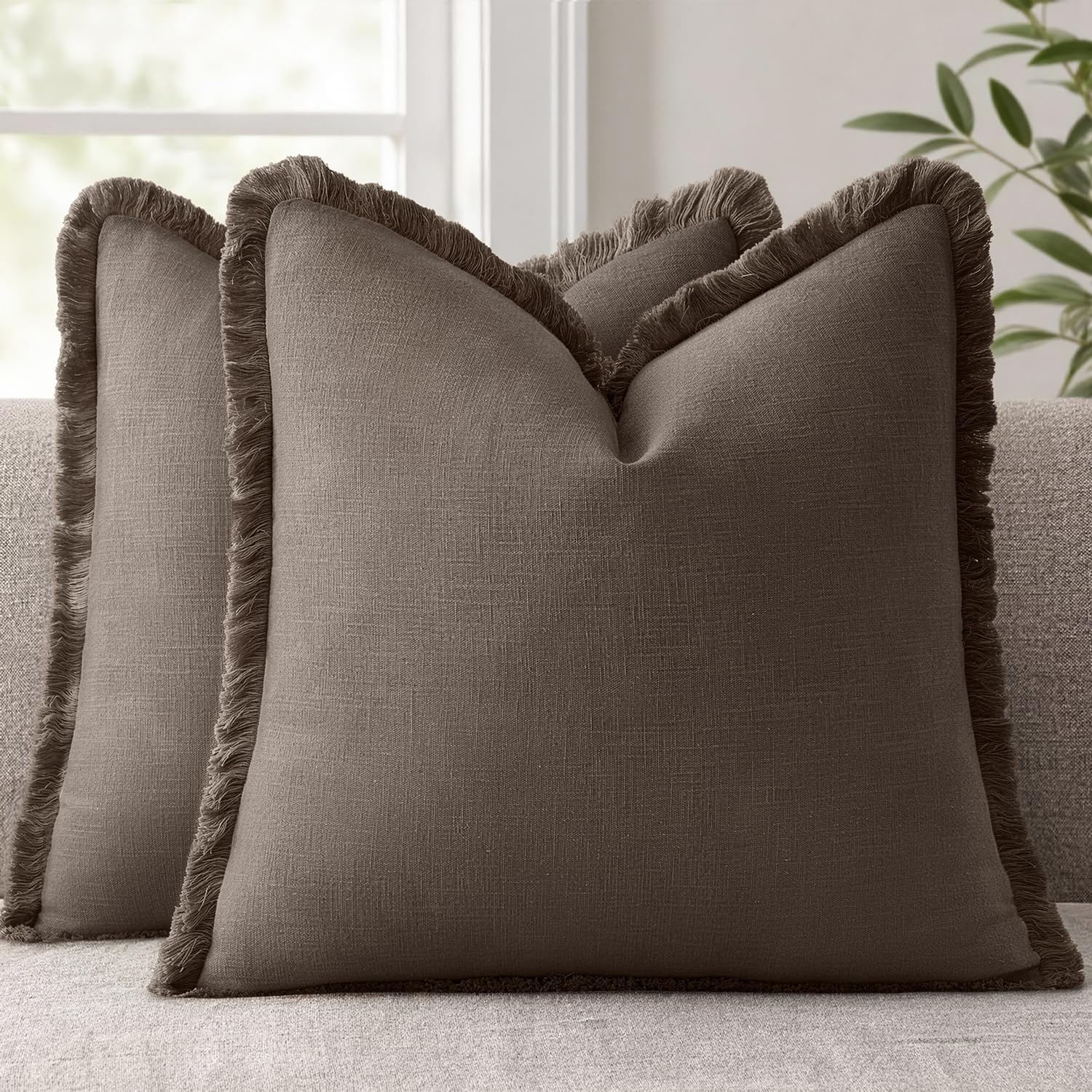 ANRODUO Set of 2 Decorative Throw Pillow Covers 26×26 Inch Soft Linen Fringe Farmhouse Boho Vintage Cushion Covers with Tassels Accent Pillowcase for Couch Sofa Bed Living Room Summer Decor Cream