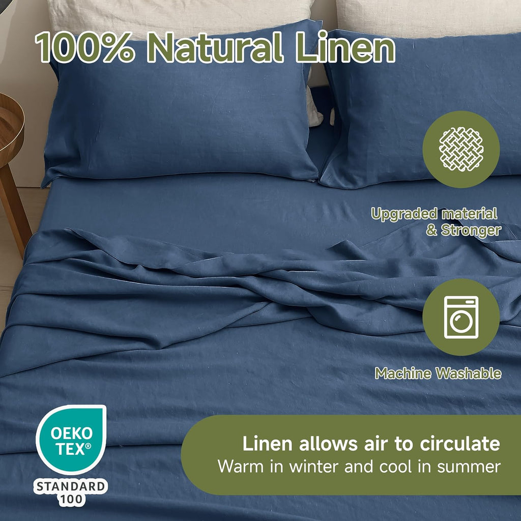 Simple&Opulence 100% Linen Sheets Queen Size Set, 4 Pcs Natural French Linen Bed Sheets, Breathable Soft Durable Bedding Set for All Season (Classic Blue, Queen)
