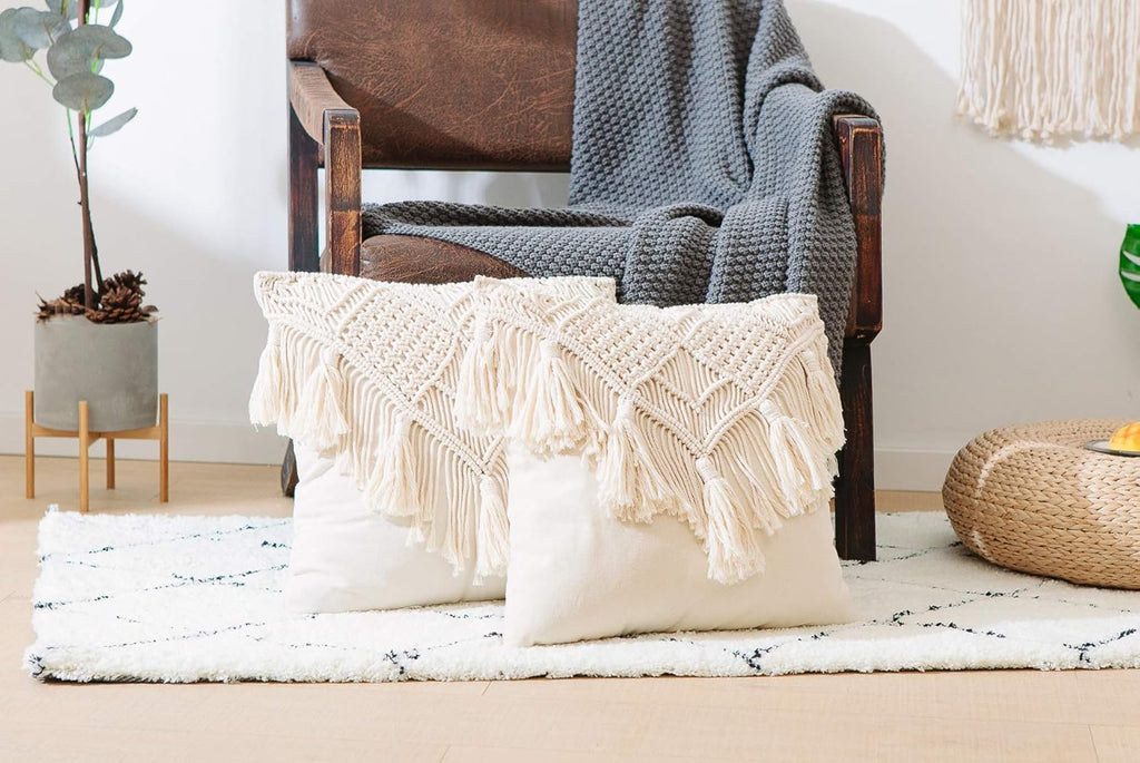 Cushion Covers Macrame Cushion Cover Woven Boho Cushion Cover for Bed Sofa Couch Bench Car Home Decor Comfortable Square with Tassels Set of 2 Decorative Pillow Covers