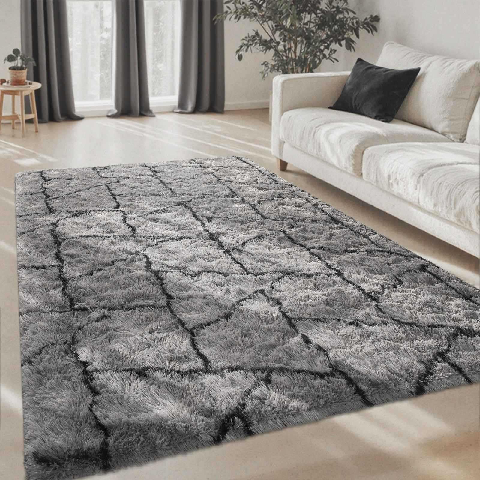 5×7ft Grey Fluffy Tie-Dyed Rug, Soft Shag Carpet for Home Decor