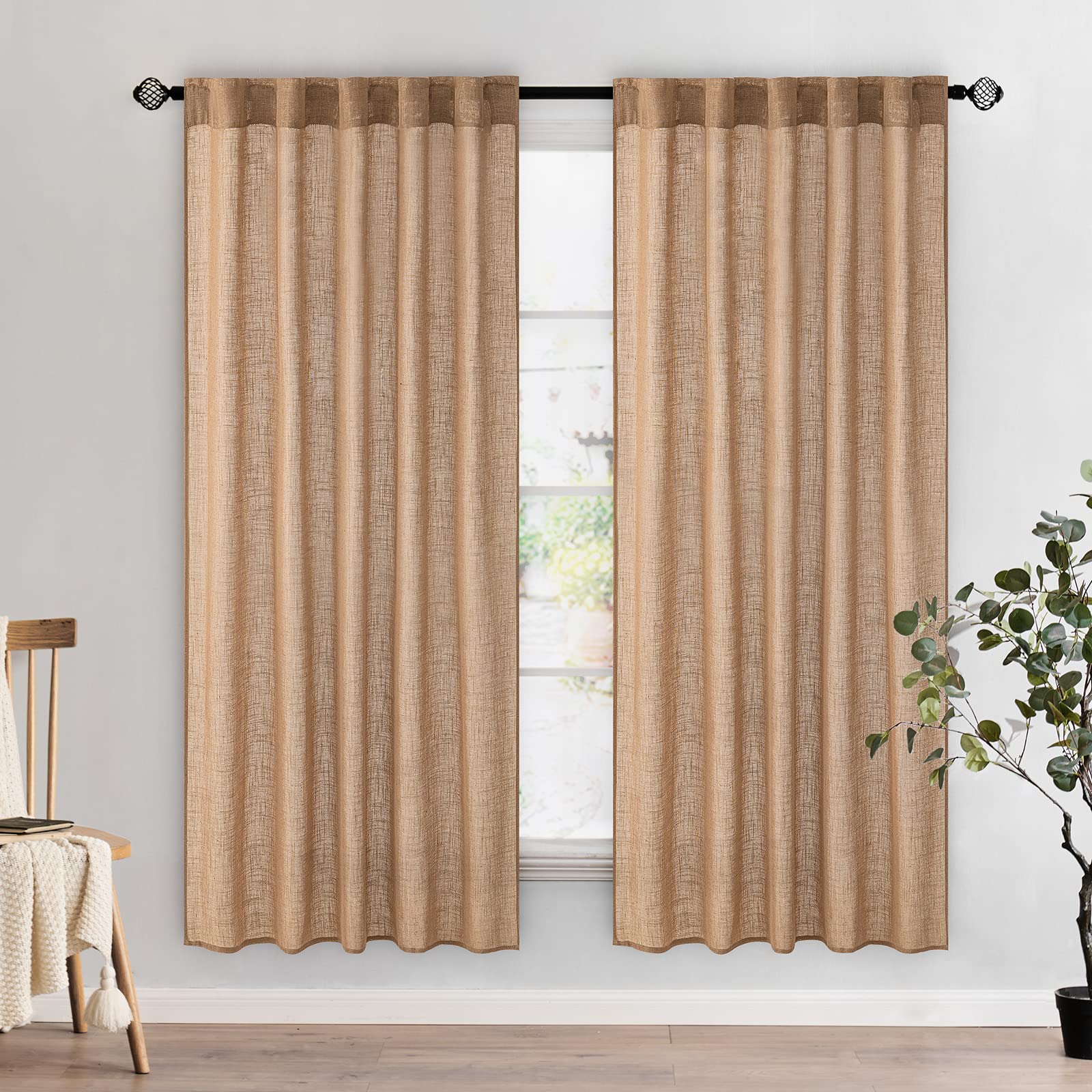 MIULEE Taupe Linen Curtains 84 Inch Length for Bedroom Living Room, Soft Thick Linen Textured Window Drapes Semi Sheer Light Filtering Back Tab Rod Pocket Burlap Look Farmhouse Country Decor, 2 Panels