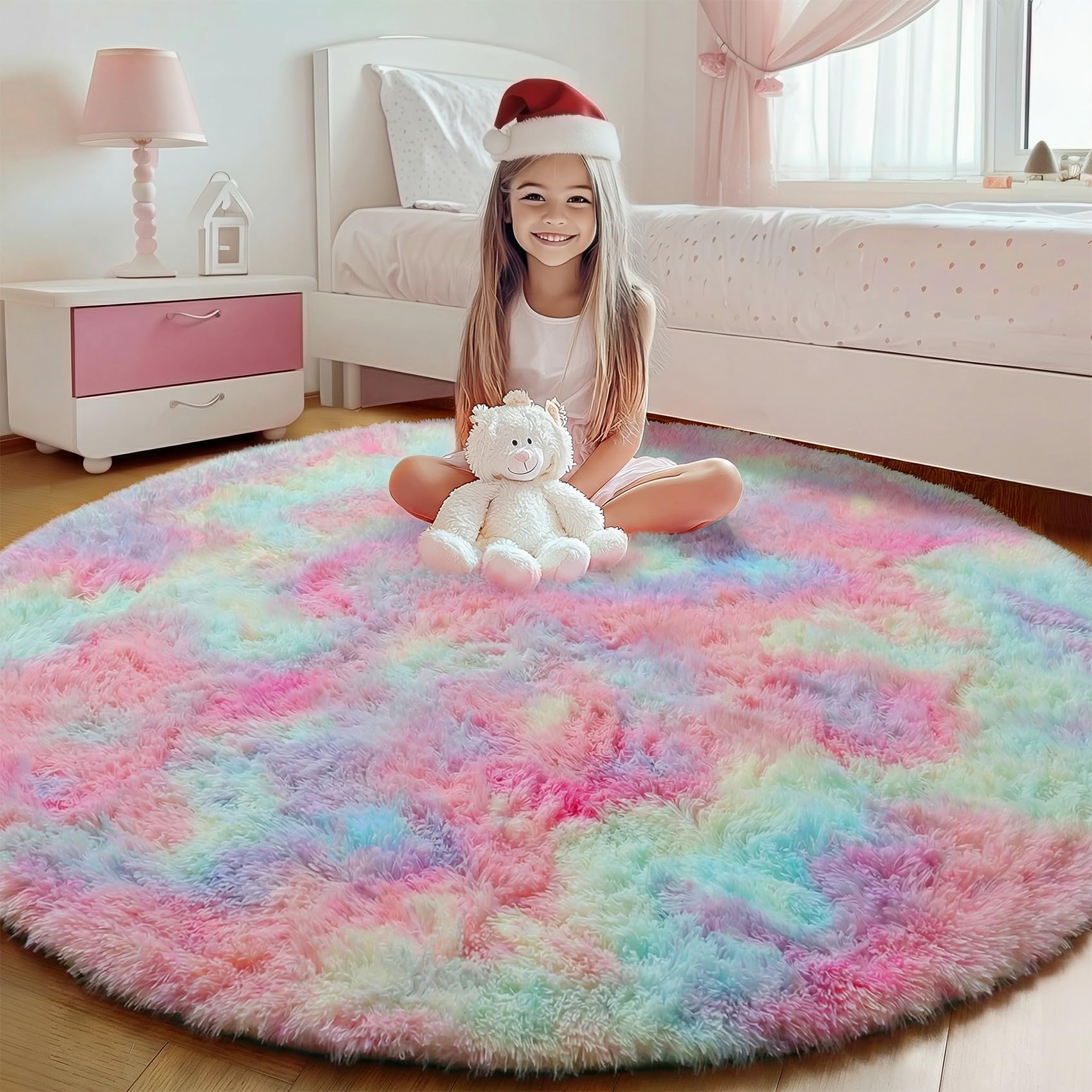 ONASAR Tie-Dyed Dark Grey Round Area Rugs 5ft, Ultra Soft Bedroom Circle Rug for Kids Girls Teen Room, Fluffy Plush Shaggy Carpet Floor Mats for Baby Nursery Living Room Playroom Home Decor