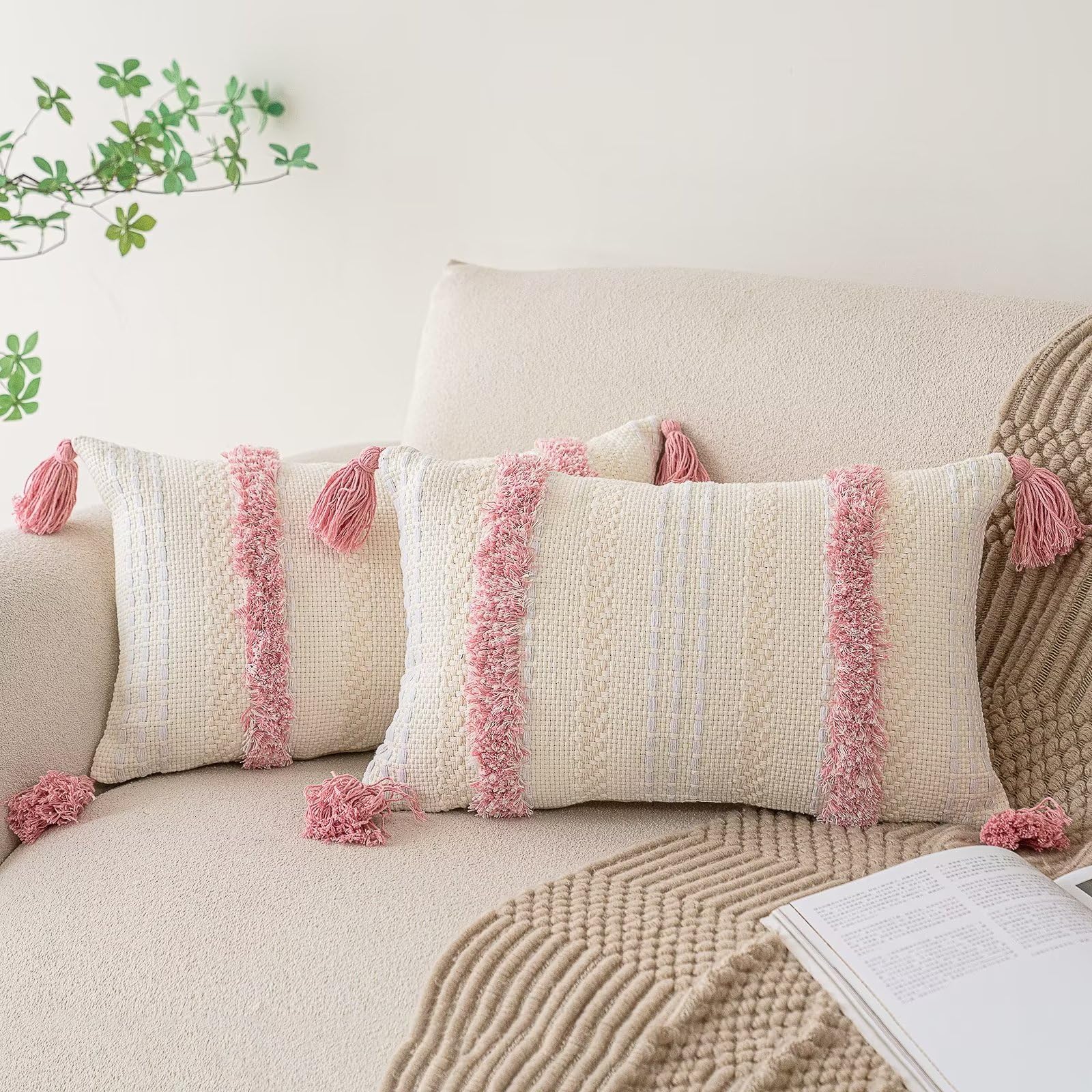 Boho Throw Pillow Covers 20x20 Set of 2 Woven Tufted Farmhouse Pillows Cover with Tassels Textured Striped Cushion Case Neutral Pillow Cases Decorative Pillowcase for Sofa, Couch, Bed, Dark Blue