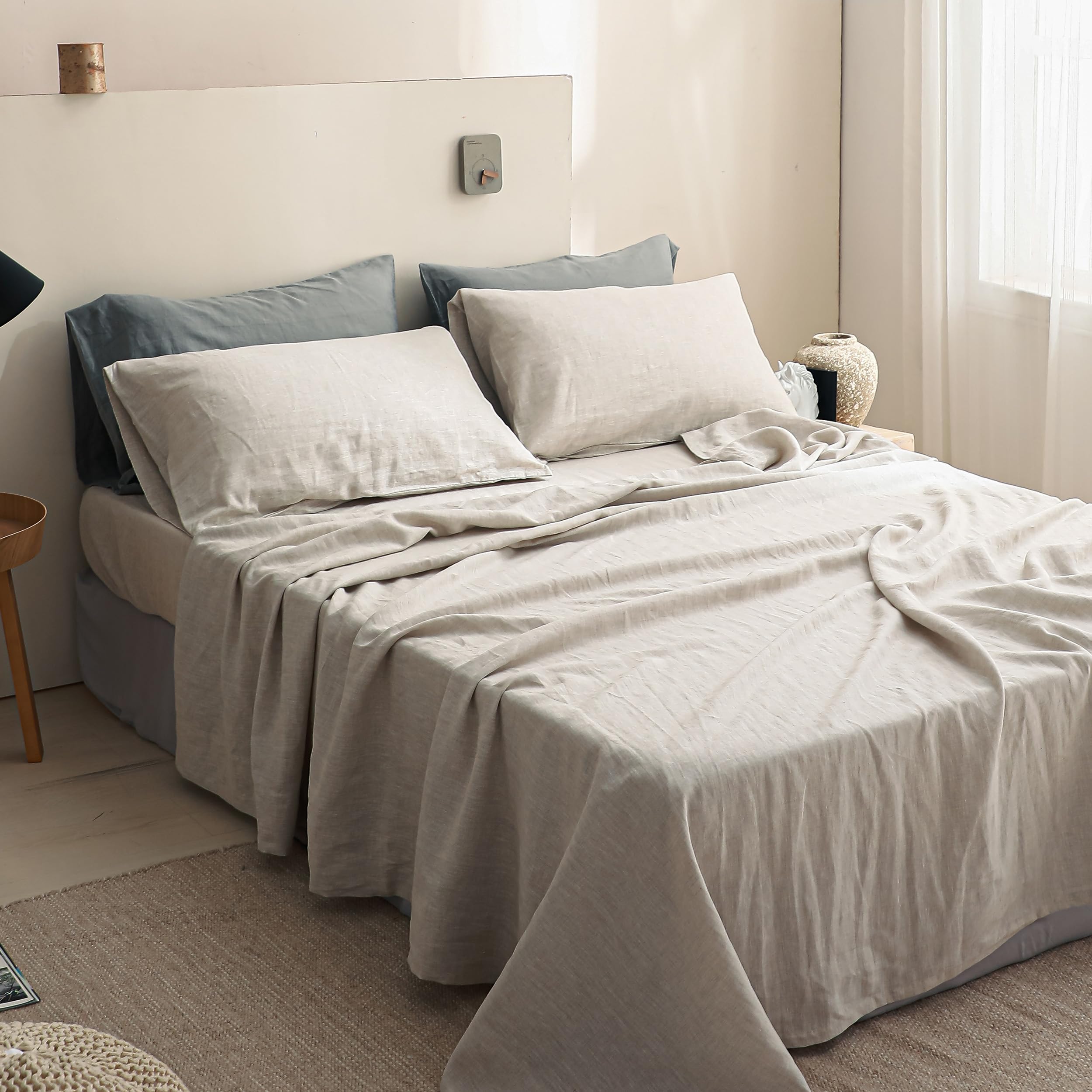 Simple&Opulence 100% Linen Sheets Queen Size Set, 4 Pcs Natural French Linen Bed Sheets, Breathable Soft Durable Bedding Set for All Season (Classic Blue, Queen)