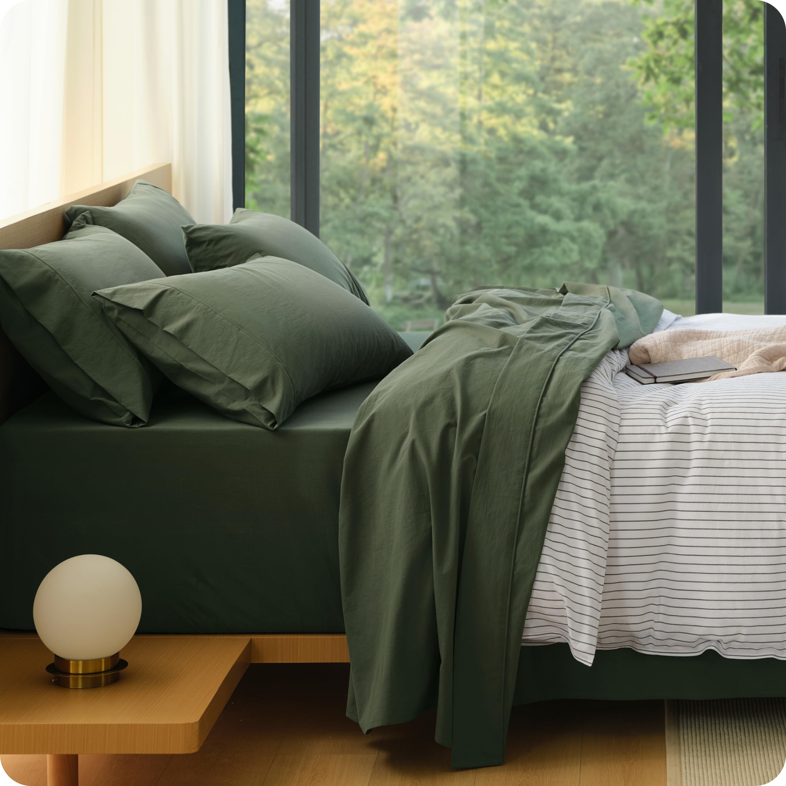 Bedsure 100% Washed Cotton Percale Sheets Queen Size - Linen Like Textured 6-Piece Bedsheet Set with 18" Deep Pocket, Breathable & PureWoven Soft Comfy (Linen Beige, Queen)