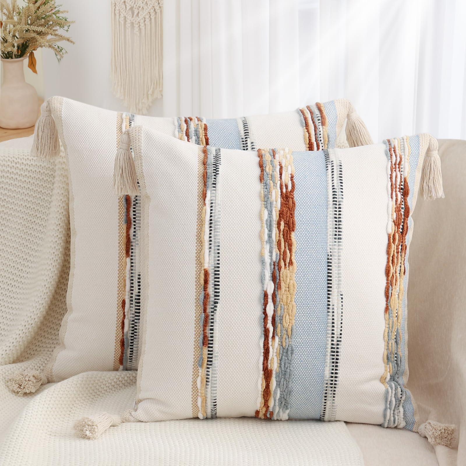 Simmore Fall Boho Decorative Throw Pillow Covers 12x20 Set of 2, Tufted Farmhouse Pillow Covers with Tassels for Cozy Bohemian Couch Sofa Bedroom Home Decor, Rust