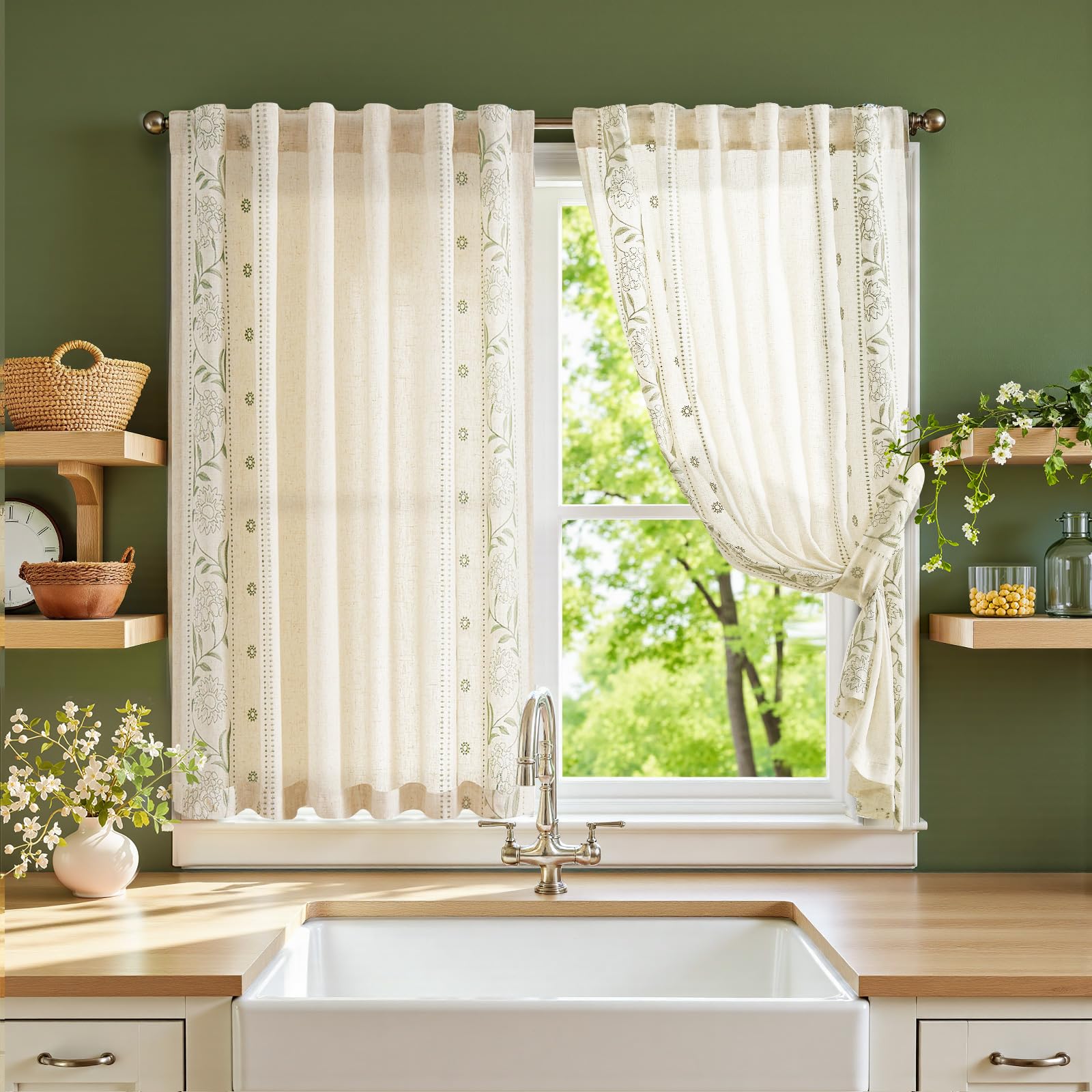 jinchan Winslow Linen Curtains for Bedroom 84 Inches Length Ivory on Taupe Embroidered Bordered Floral Curtains for Living Room Farmhouse Decor Light Filtering Window Treatments 2 Panels