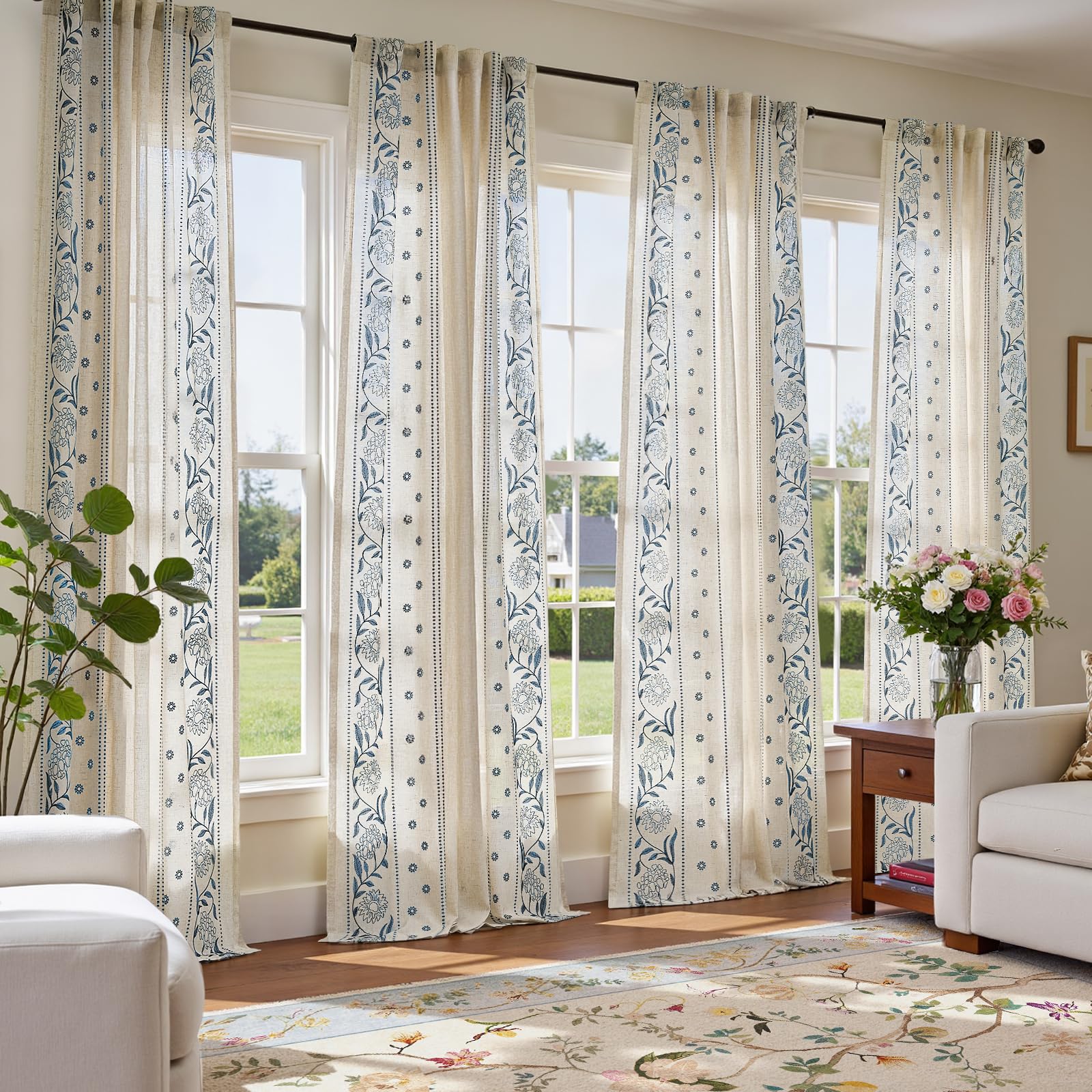 jinchan Winslow Linen Curtains for Bedroom 84 Inches Length Ivory on Taupe Embroidered Bordered Floral Curtains for Living Room Farmhouse Decor Light Filtering Window Treatments 2 Panels