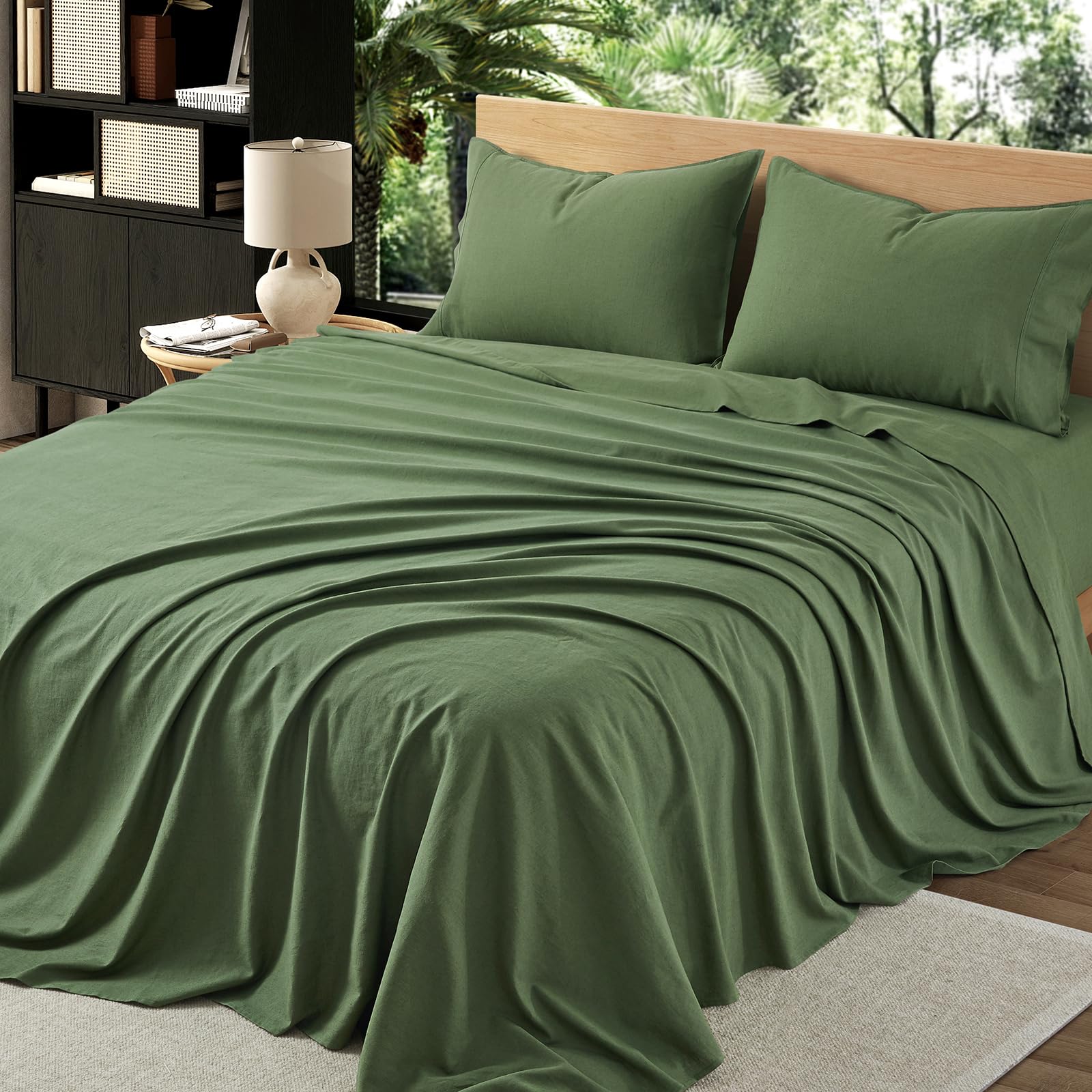 4Pcs Organic Linen Sheets King Size, 100% French Linen from Normandy, Tear-Resistant Natural Linen King Sheet Set with 16 Inch Deep Pocket, 1 Flat Sheet, 1 Fitted Sheet, 2 Pillowcases