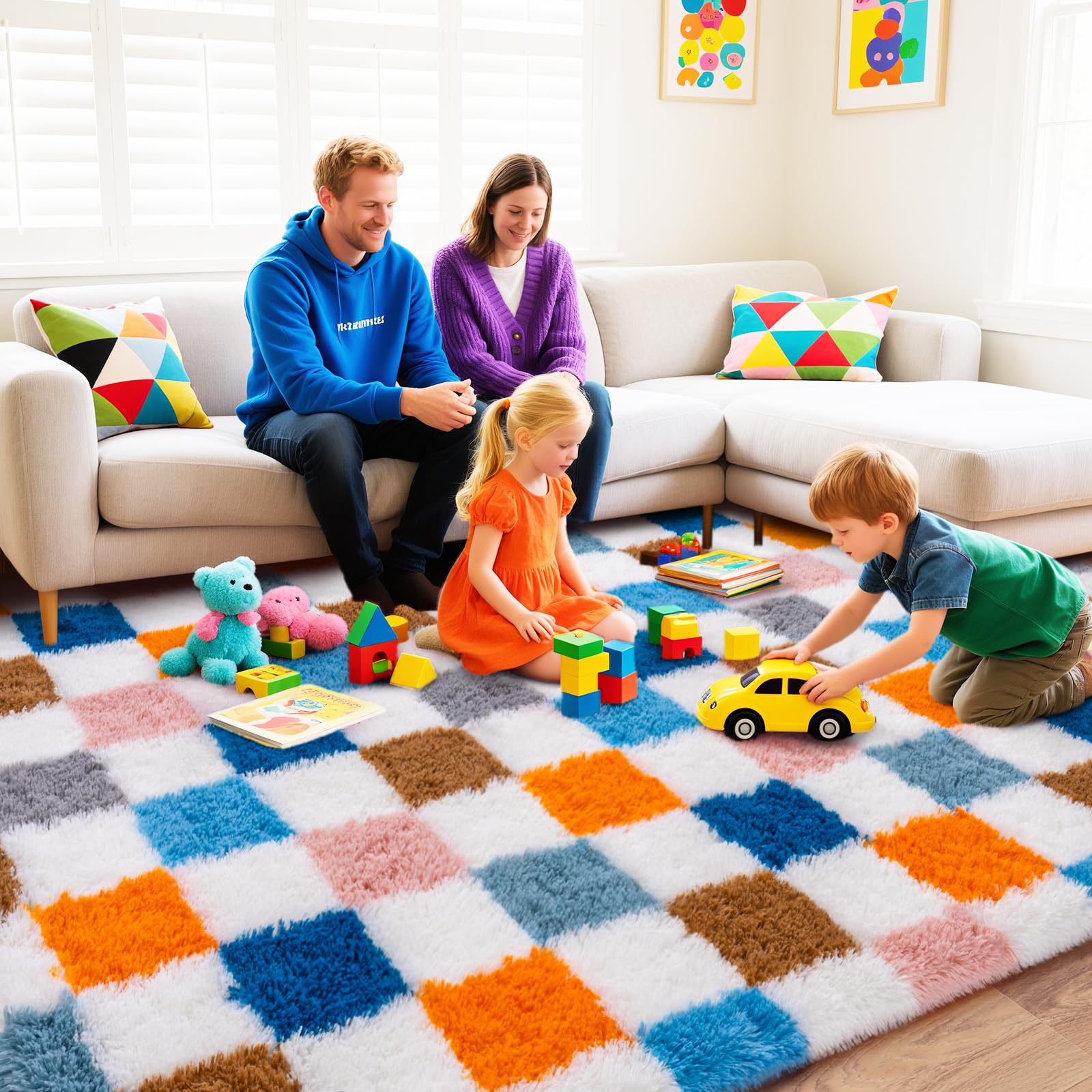 8x10 Area Rugs for Living Room, Large Ultra Fluffy Fuzzy Shag Rug for Bedroom, Modern Plush Soft High Pile Upgrade Non-Slip Carpet for Kids Girls and Boys Room Decor, Tie-Dyed Blue Grey