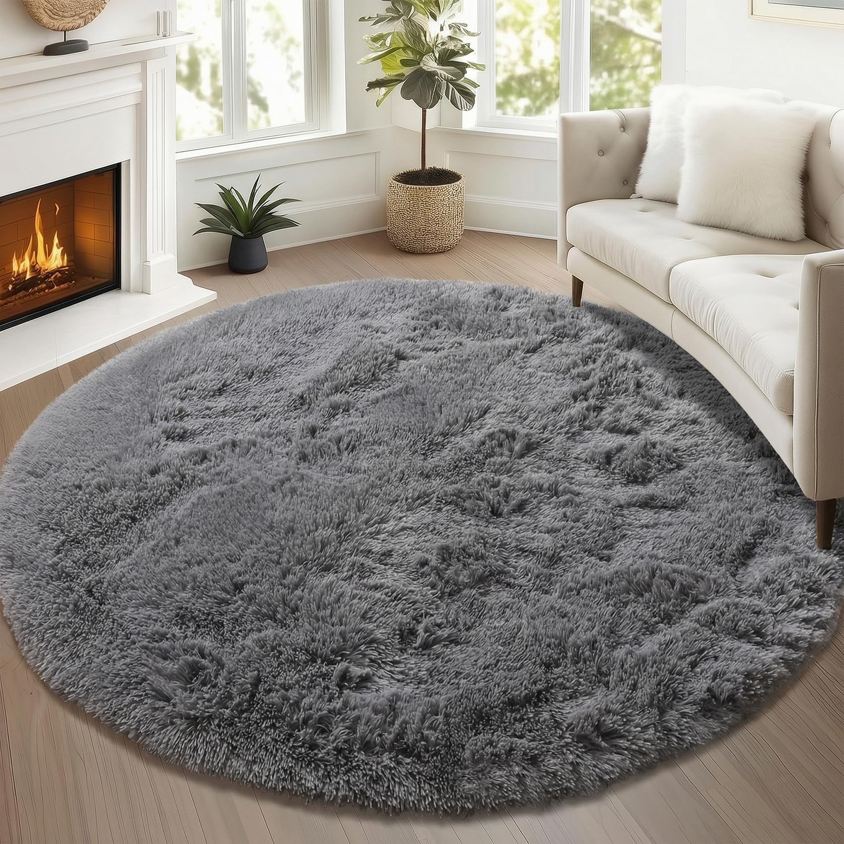 ONASAR Tie-Dyed Dark Grey Round Area Rugs 5ft, Ultra Soft Bedroom Circle Rug for Kids Girls Teen Room, Fluffy Plush Shaggy Carpet Floor Mats for Baby Nursery Living Room Playroom Home Decor