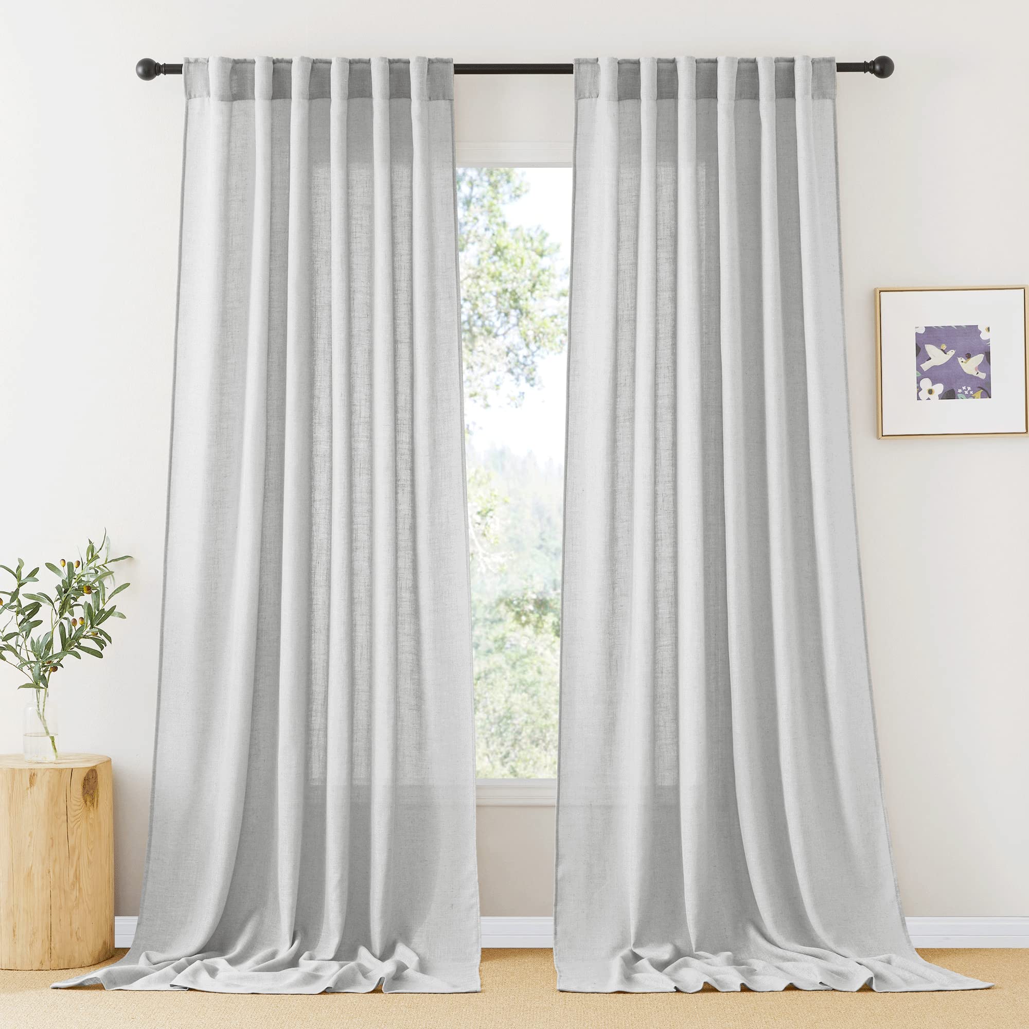 RYB HOME Linen Sheer Curtains and Drapes for Living Room 108 inches Length, Breathable Back Tab/Rod Pocket Semi Sheer Curtains, Oatmeal, W 52 x L 108 inches, 2 Panels Set
