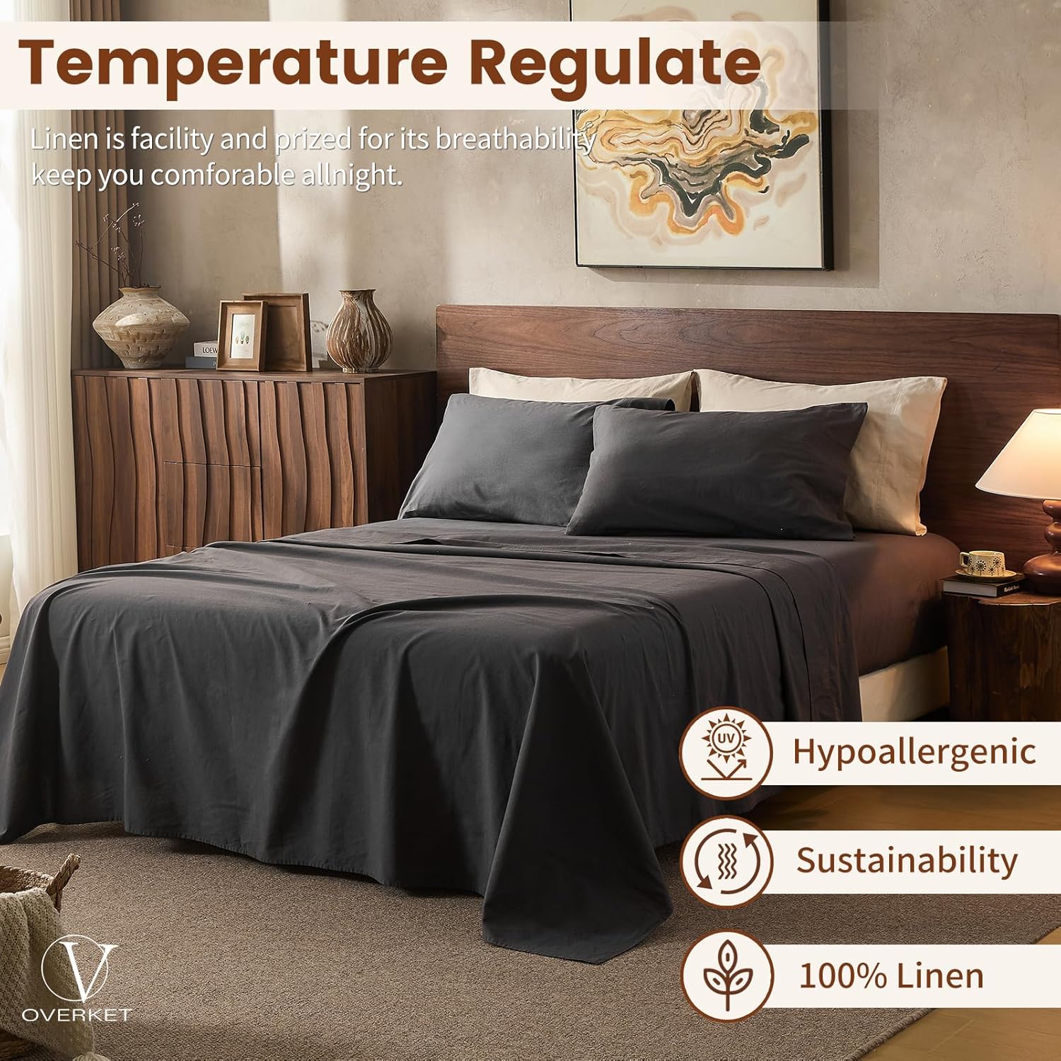 100% Linen Sheets Queen Size,Breathable & Durable 4-Piece Bed Flax Sheet Set,Soft All-Season Bedding for Hot Sleepers 16" Deep Pocket Oeko-TEX Certified,（Queen, Dark Grey）