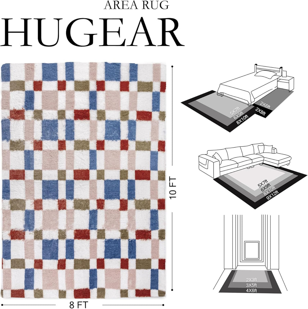 HUGEAR 8x10 Checkered Rug Coloful Living Room Modern Shag Rug Super Soft Washable Indoor Fuzzy Carpet Fluffy Vacuumable Rainbow Area Rugs for Bedroom Home Decor Non Slip