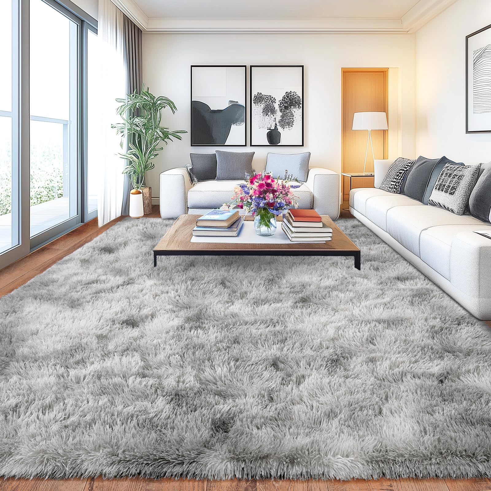 Shaggy Area Rugs, Fuzzy Rugs for Living Room, Soft Nursery Area Rug for Girls, Tie Dye Black Gray Plush Area Rugs Non Slip, Fluffy Rug Carpet 8x10ft