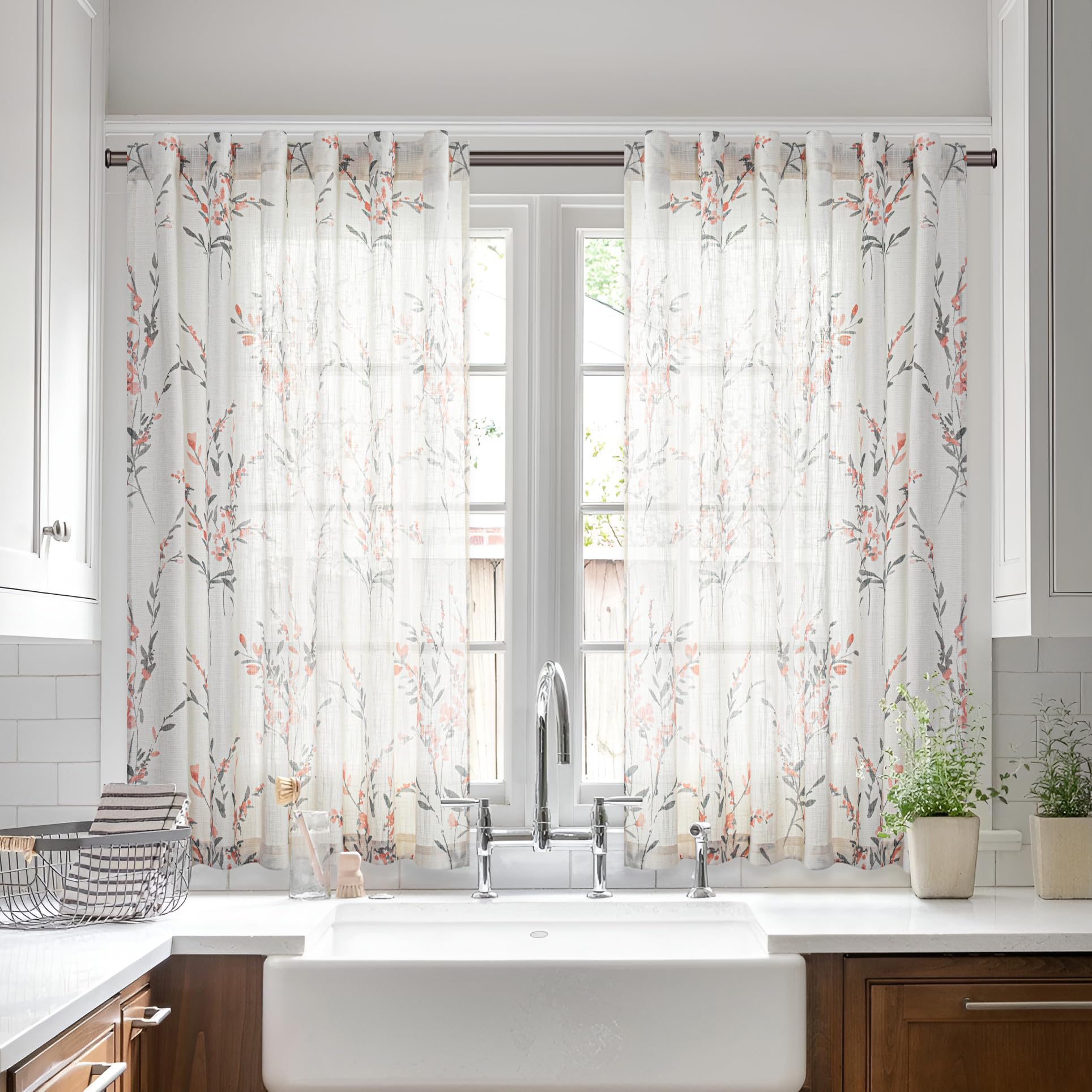 MYSKY HOME Ceiling Curtains for Living Room, Farmhouse Style Lines Printed Curtains 95 Inches Long Semi Sheer Drapes for Living Room, Modern Style Room Divider Curtains, 50"x95", Khaki, 2 PCs