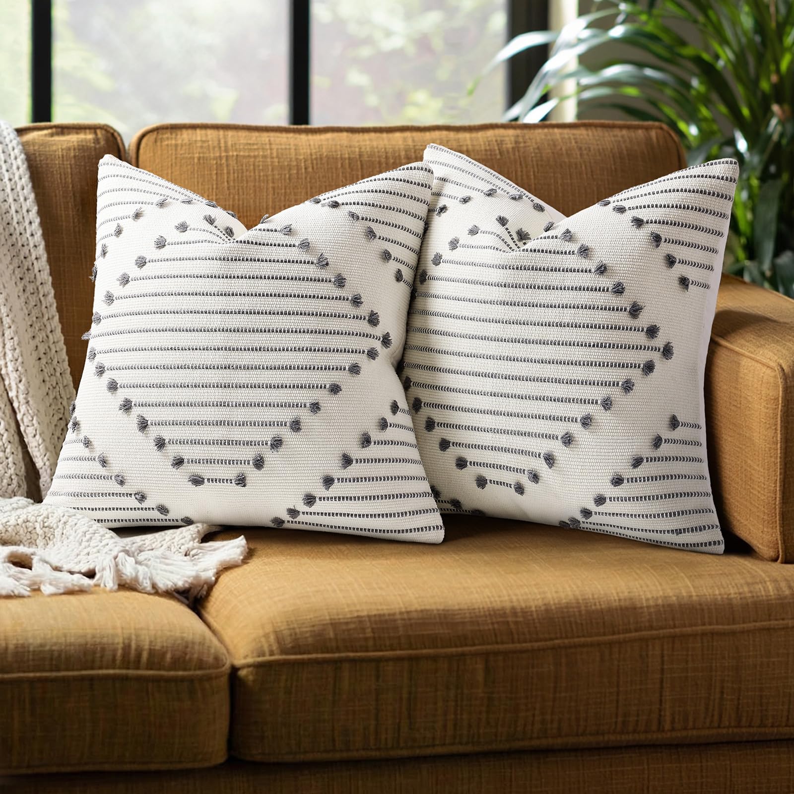 Mecatny Boho Summer Outdoor Throw Pillow Covers 18X18 Set of 2, Farmhouse Decorative Pillow Covers for Couch Sofa Living Room, Navy & Cream White