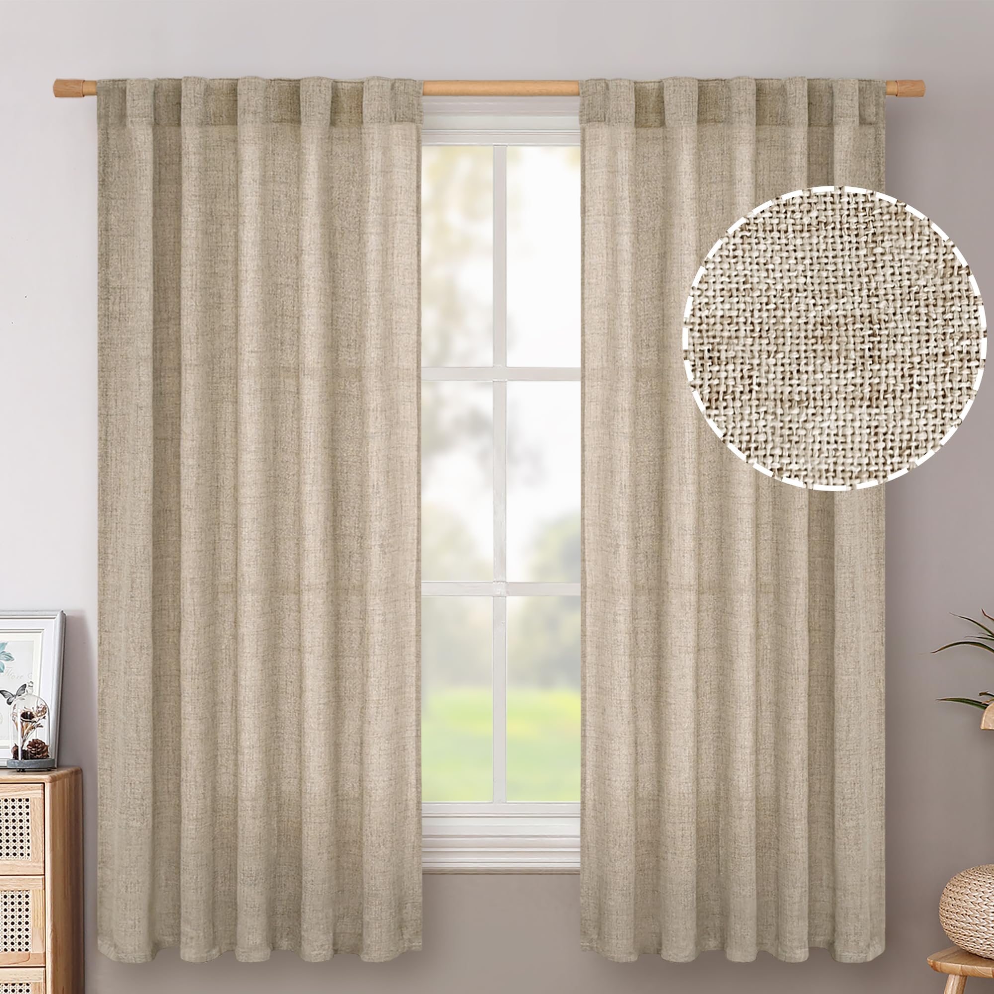 BGment Natural Linen Semi Sheer Curtains 96 Inch Length 2 Panels for Living Room, Beige Light Filtering Window Drapes with Rod Pocket Back Tab Extre Long for Dining Bedroom, 52 X 96 Inch