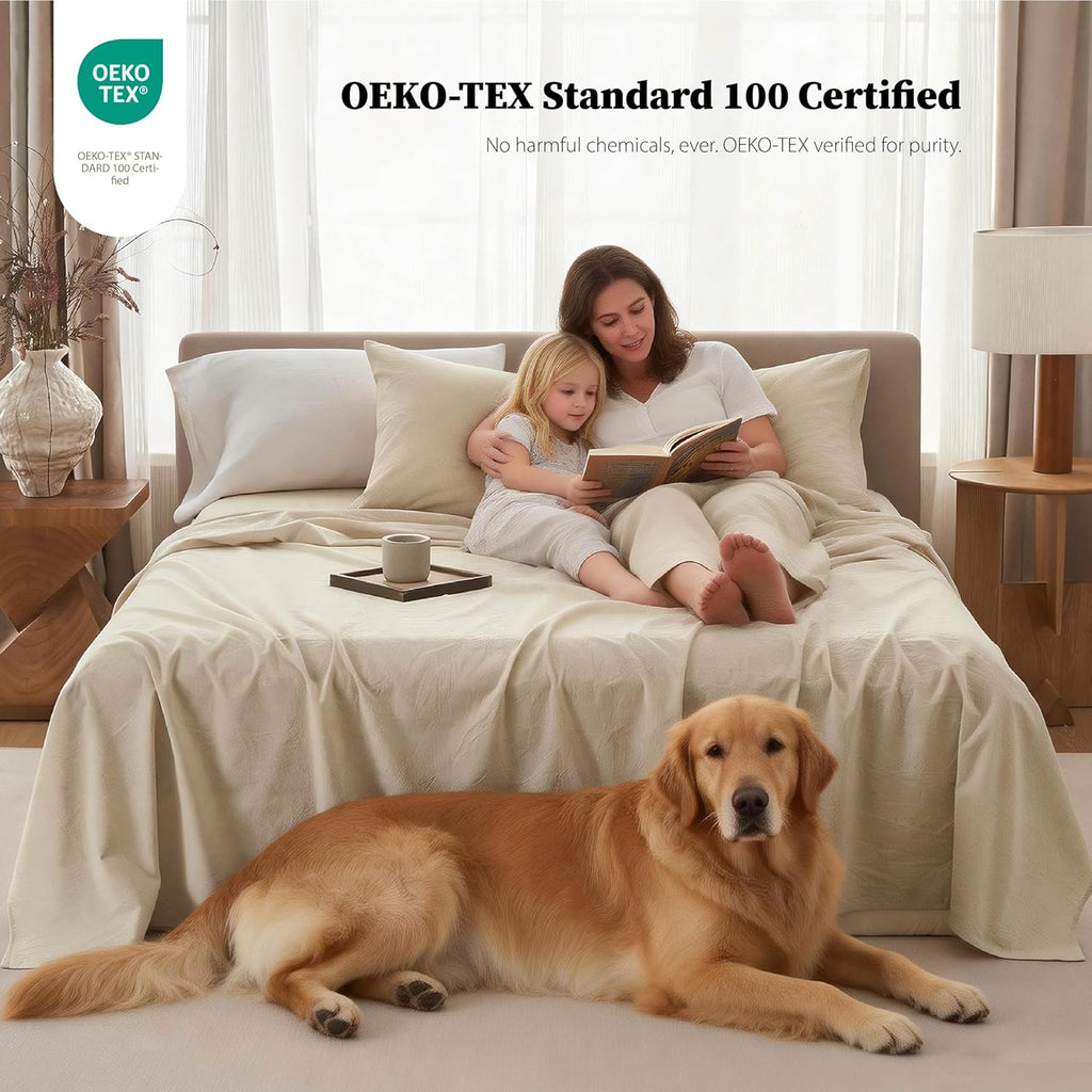 Linen Sheets Queen Size, Cotton Linen Bed Sheets, Breathable, Durable Bed Sets 18" Deep Pocket(Natural Linen)