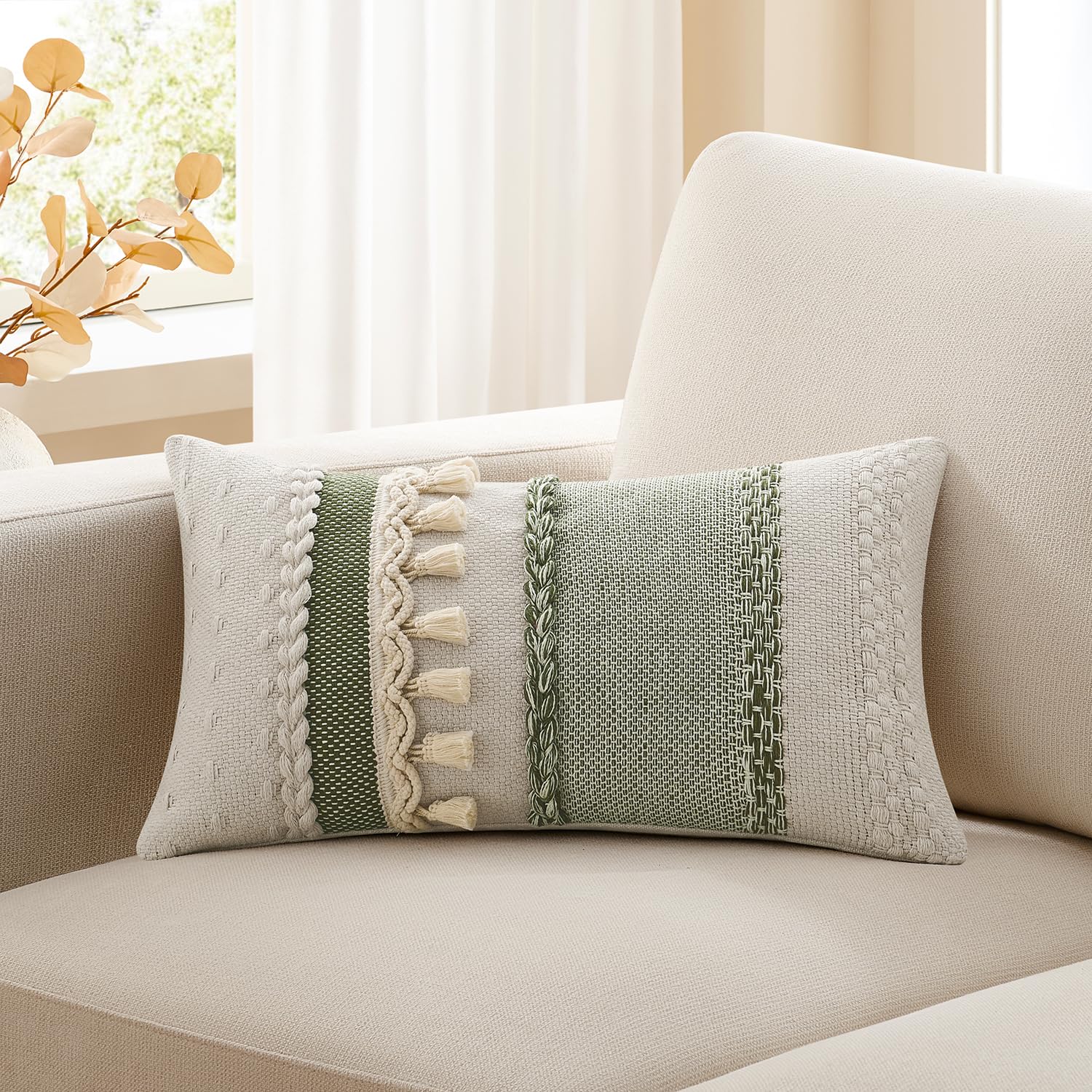 Kevin Textile 20x20 Inch Throw Pillow Cover 1 Pack Boho Decorative Soft Chenille Thread Woven Tufted Textured Square Cushion Case Farmhouse Accent for Living Room Couch Sofa Bed, Green