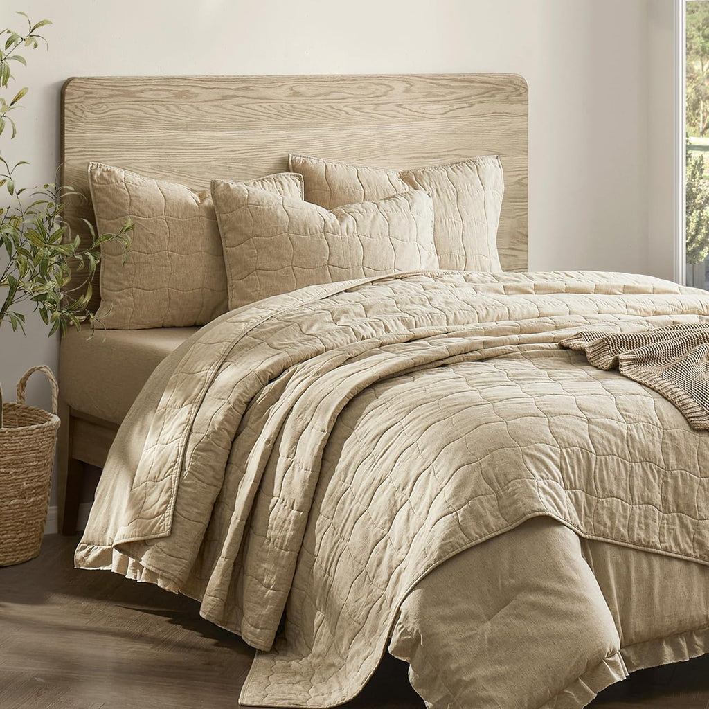 Wonderful Natural Linen Cotton Quilt - Skin-Friendly Breathable & Hypoallergenic Quilt Queen, 3 Piece Wavy Box Stitched Linen Bedding Set, All-Season Use Bedspread & Coverlet Bedding, 94"x94" | Safe Sleep