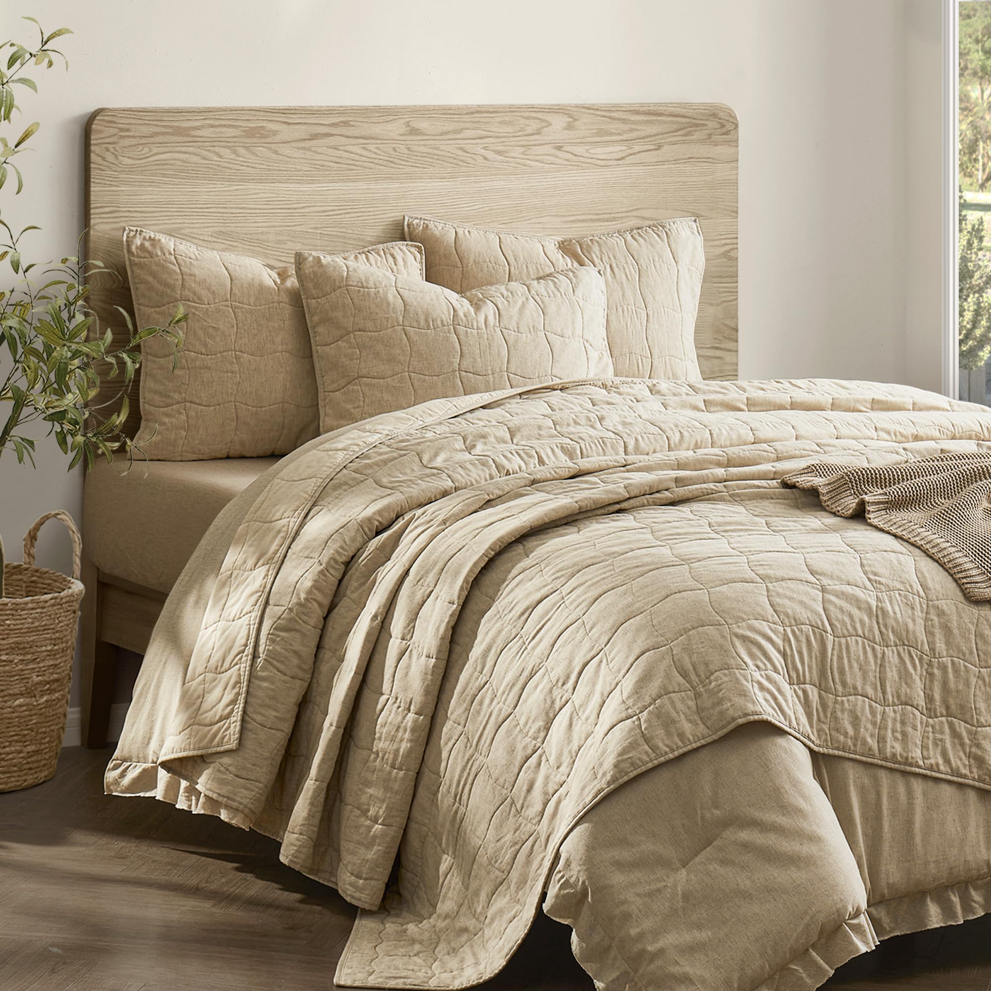 Wonderful Natural Linen Cotton Quilt - Skin-Friendly Breathable & Hypoallergenic Quilt Queen, 3 Piece Wavy Box Stitched Linen Bedding Set, All-Season Use Bedspread & Coverlet Bedding, 94"x94" | Safe Sleep