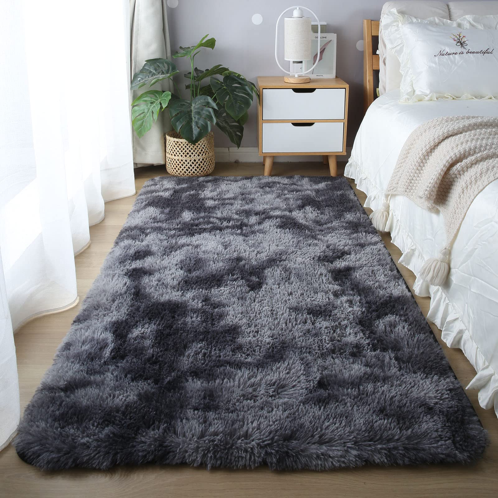 CAIYUECS Shag Area Rug,Indoor Ultra Soft Fluffy Plush Rugs for Bedroom Living Room, Non-Skid Modern Nursery Faux Fur Rugs for Kids Room Home Decor (Tie-Dyed Light Gray, 5x7 Feet)