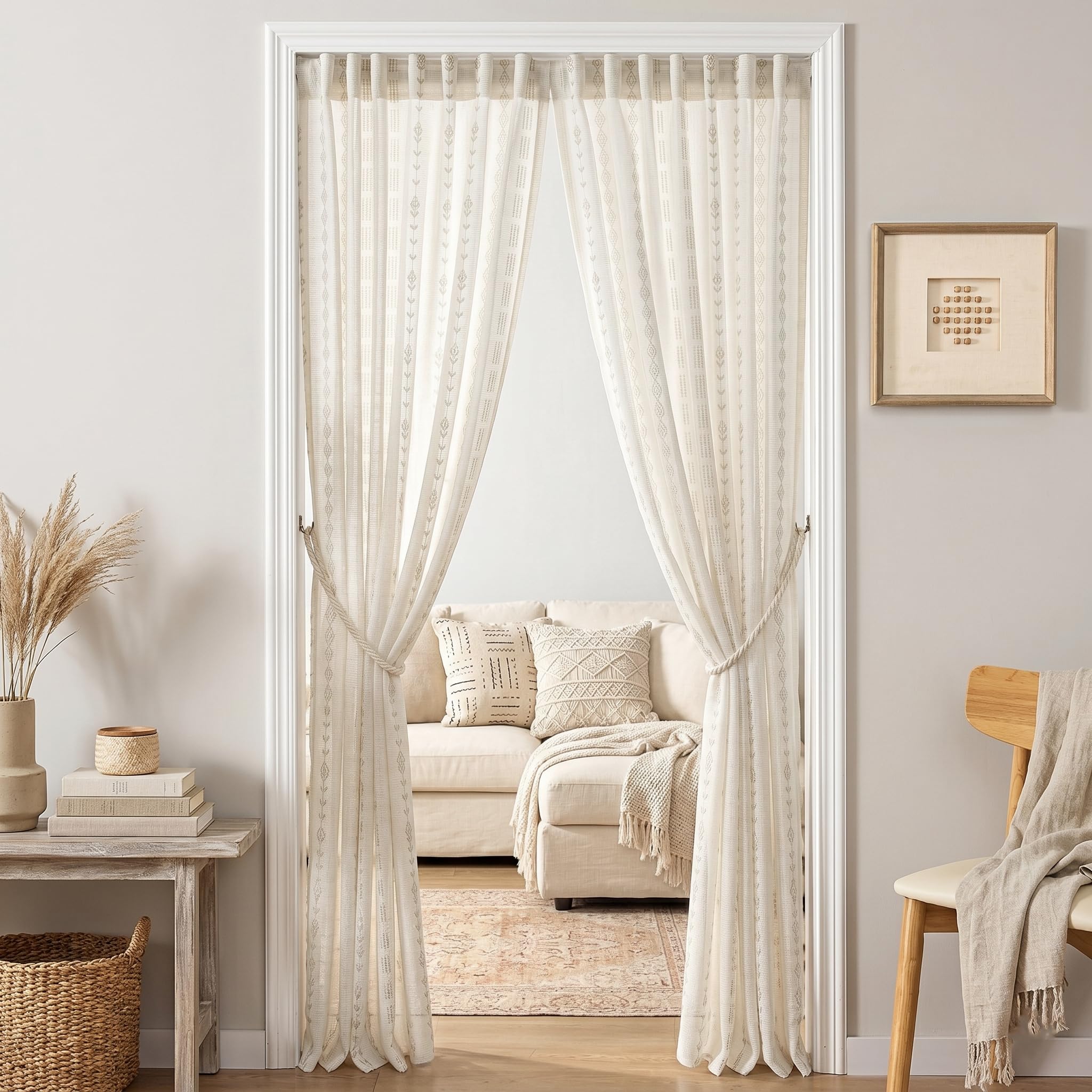 Linen Farmhouse Curtains for Living Room, Neutral Taupe Cream Light Filtering Boho Sheer Floral Patterned Curtains for Dining Room Bedroom 84 Inch Length 2 Panels Set