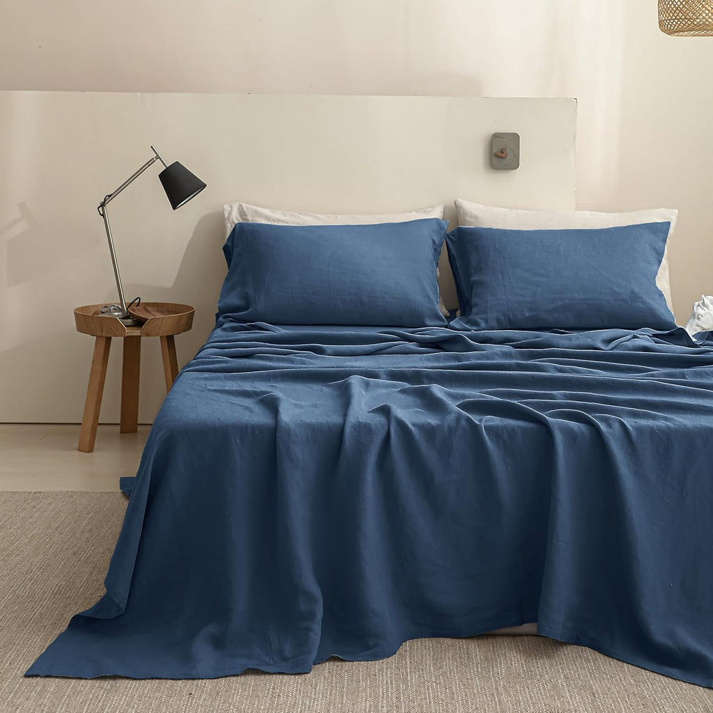 Simple&Opulence 100% Linen Sheets Queen Size Set, 4 Pcs Natural French Linen Bed Sheets, Breathable Soft Durable Bedding Set for All Season (Classic Blue, Queen)
