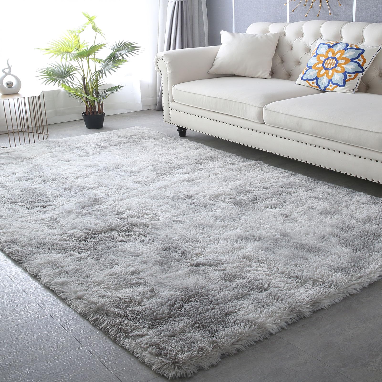 CAIYUECS Shag Area Rug,Indoor Ultra Soft Fluffy Plush Rugs for Bedroom Living Room, Non-Skid Modern Nursery Faux Fur Rugs for Kids Room Home Decor (Tie-Dyed Light Gray, 5x7 Feet)