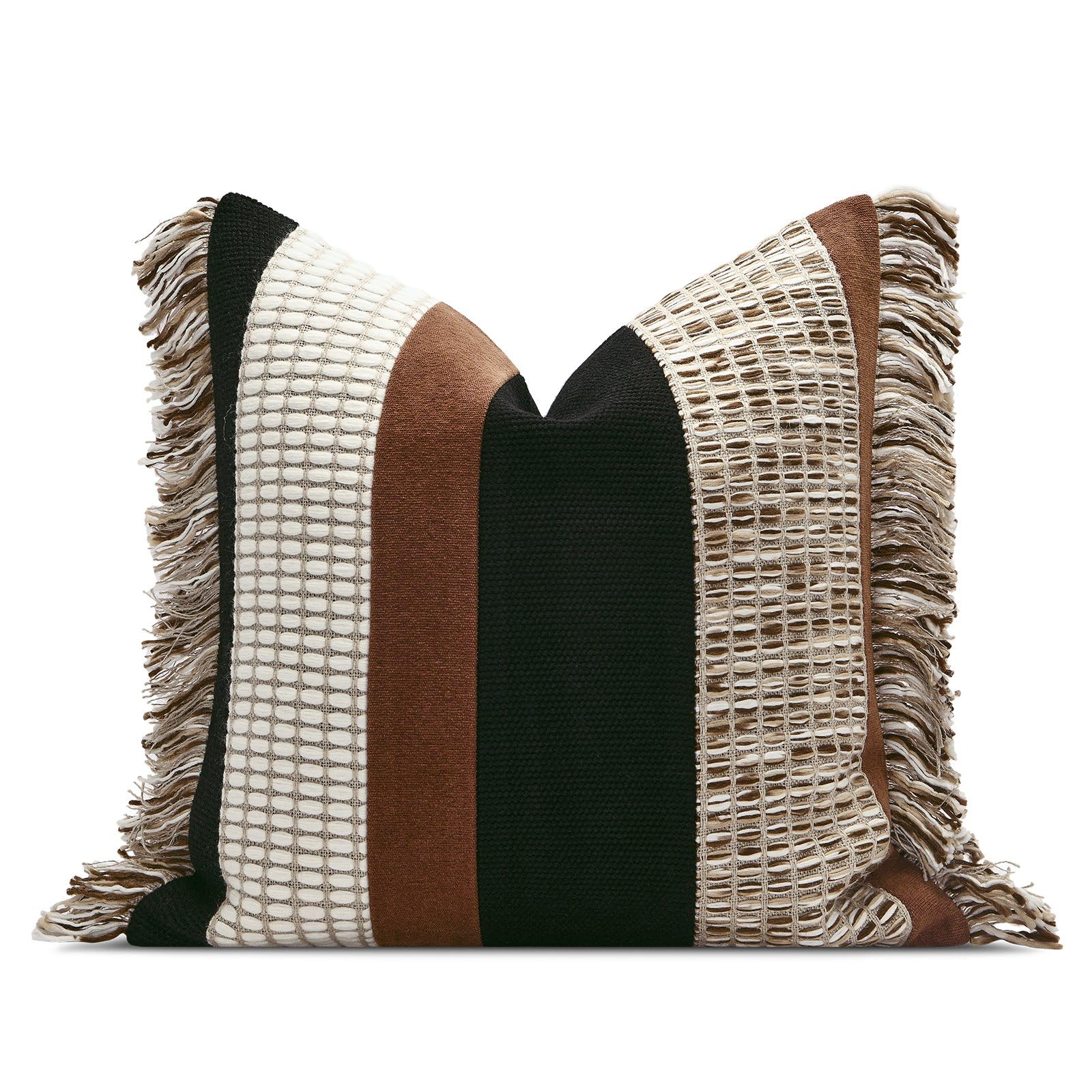 Dark Brown Tassel Decorative Throw Pillow Cover 20x20 Square Woven Textured Farmhouse Pillows Cushion Cases for Couch Bed Sofa Living Room Decor (Pack of 1)