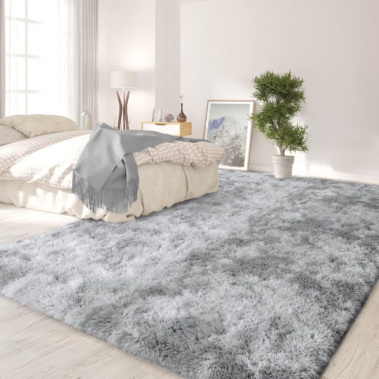 FlyDOIT Large Area Rugs for Living Room, 5x8 Feet Tie-Dyed Light Grey Shaggy Rug Fluffy Throw Carpets, Ultra Soft Plush Modern Indoor Fuzzy Rugs for Bedroom Girls Kids Nursery Room Dorm Home Decor