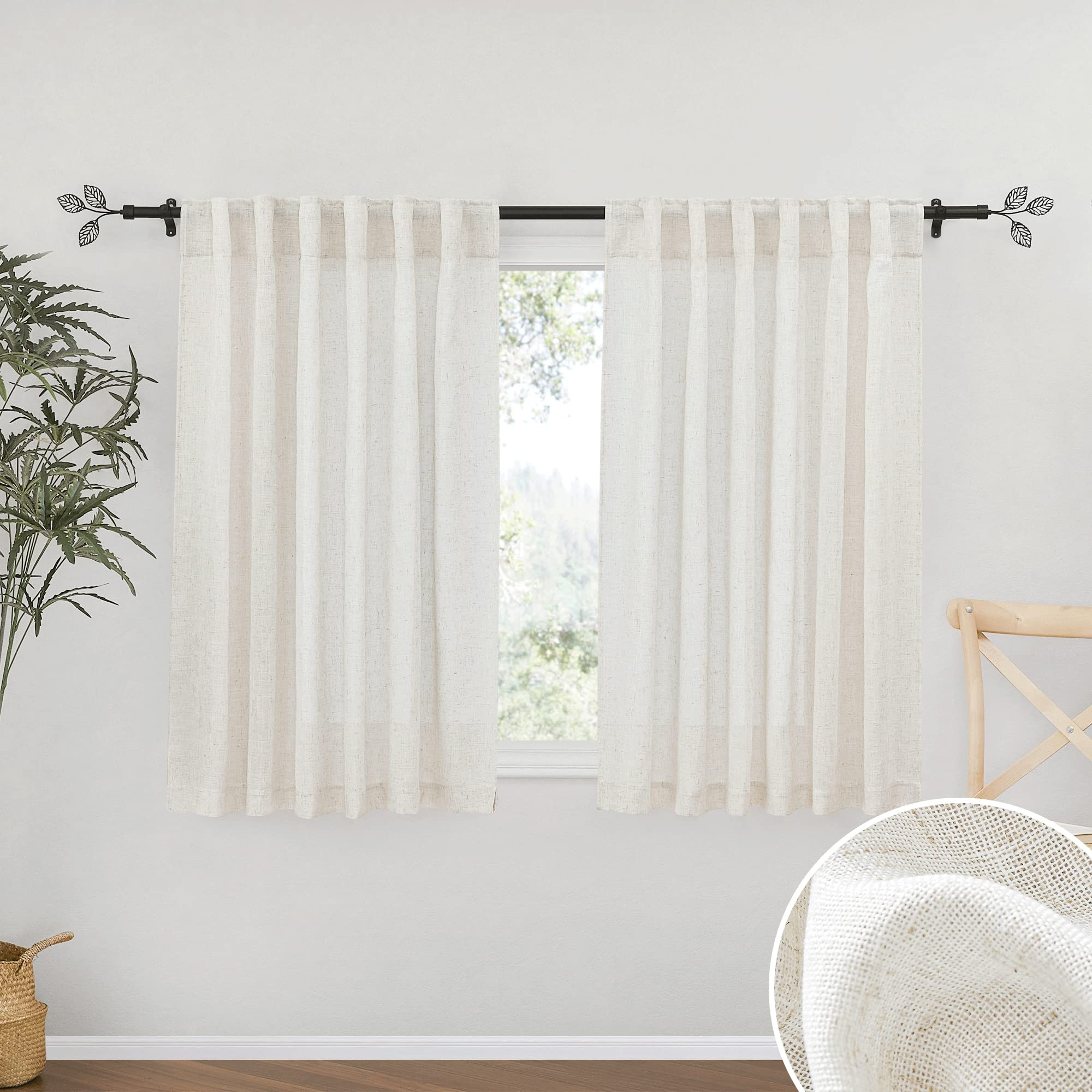 RYB HOME Linen Sheer Curtains and Drapes for Living Room 108 inches Length, Breathable Back Tab/Rod Pocket Semi Sheer Curtains, Oatmeal, W 52 x L 108 inches, 2 Panels Set