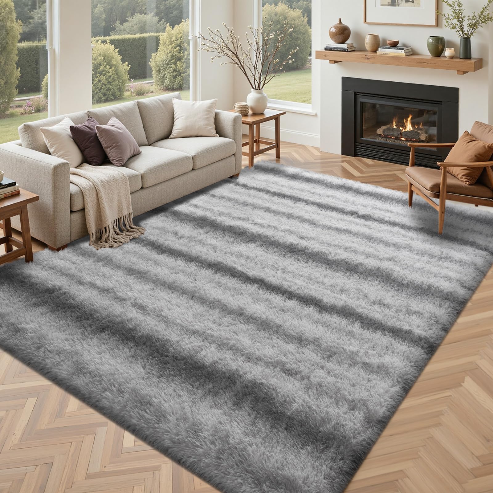 5×7ft Grey Fluffy Tie-Dyed Rug, Soft Shag Carpet for Home Decor