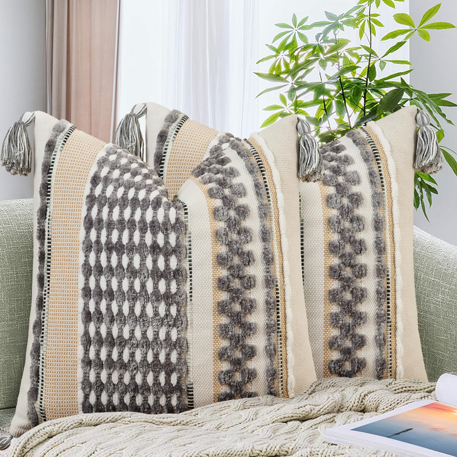 AmHoo Set of 2 Chenille Striped Tufted Textured Boho Throw Pillow Covers Aesthetic with Tassels Woven Decorative Pillow Case for Couch Bed Sofa Bedroom Modern Funky 18 x 18-Inch Brown White