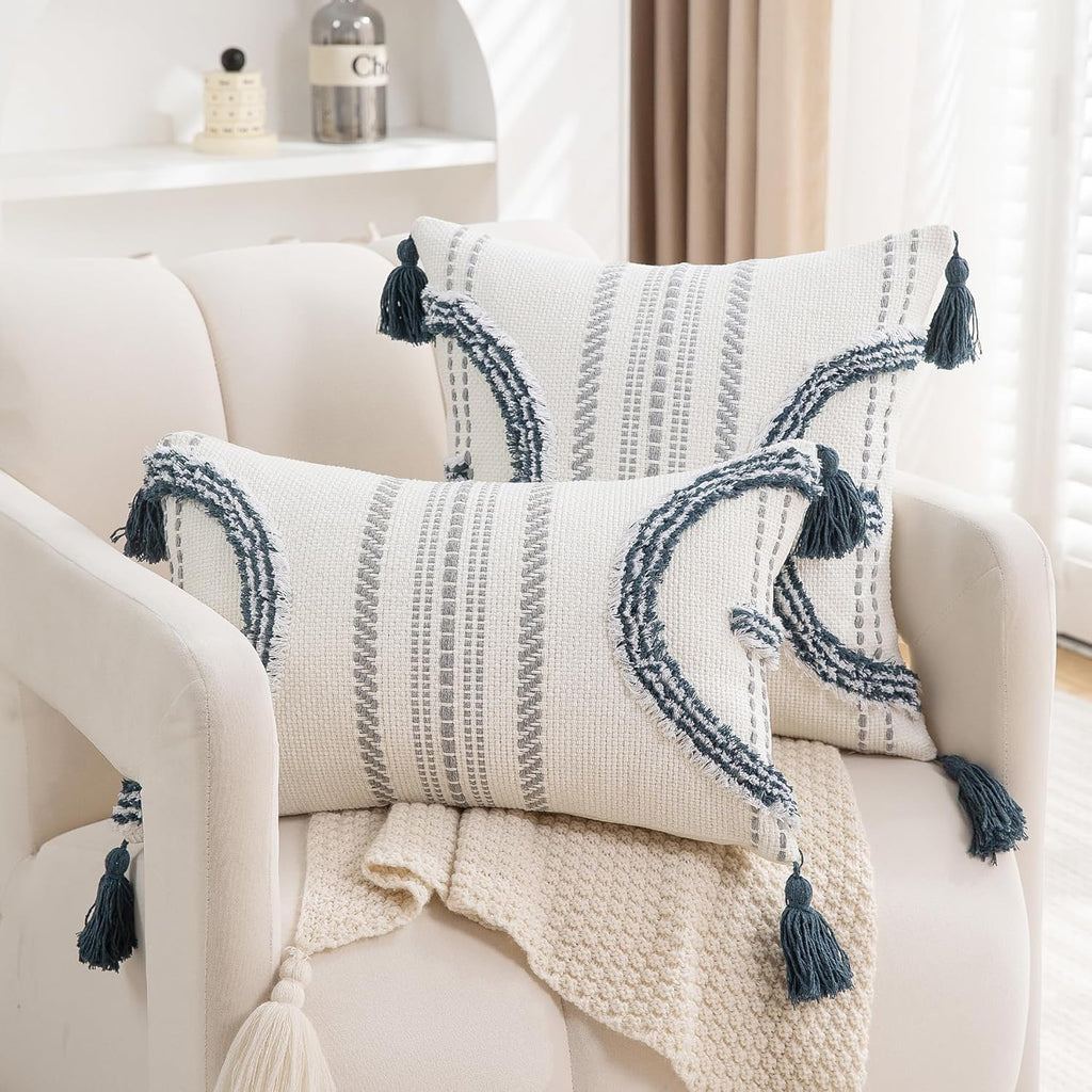 Boho Throw Pillow Covers 18x18 Set of 2 Cotton Woven Tufted Farmhouse Pillows Covers with Tassels Outdoor Neutral Navy Decorative Pillowcases Square Textured Accent Cushion Cases for Couch Bed Sofa