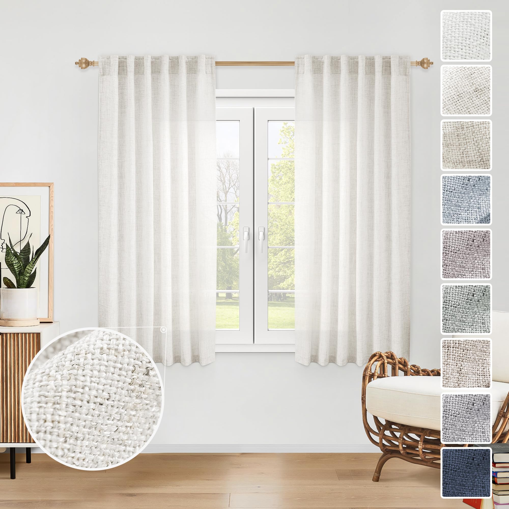 Natural Linen Back Tab Curtains 92 inch Long 2 Panels Set for Living Room Semi Sheer Light Filtering Window Drape Neutral Country Farmhouse Boho Curtains for Bedroom Cream Beige