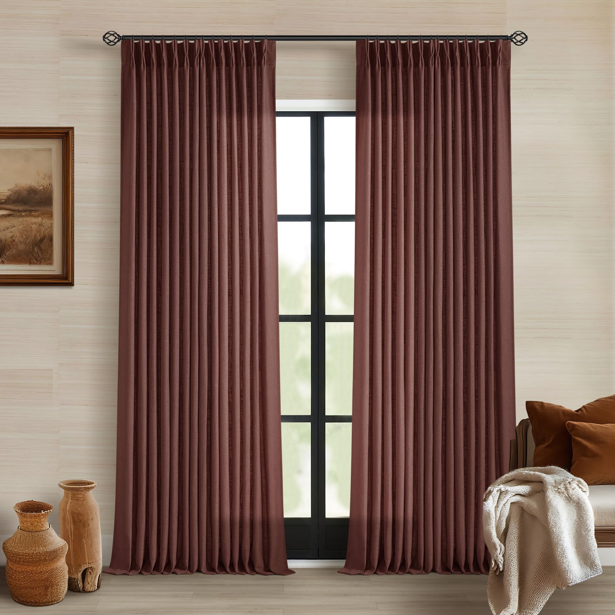 Dutch Cocoa Pinch Pleated Linen Curtains 84 Inches Long 60 Inch Width Linen Blend Light Filtering Window Curtains 84 Inch for Living Room Bedroom Patio Pinch Pleat Drapes Hooks Rings 1 Panel 60Wx84L