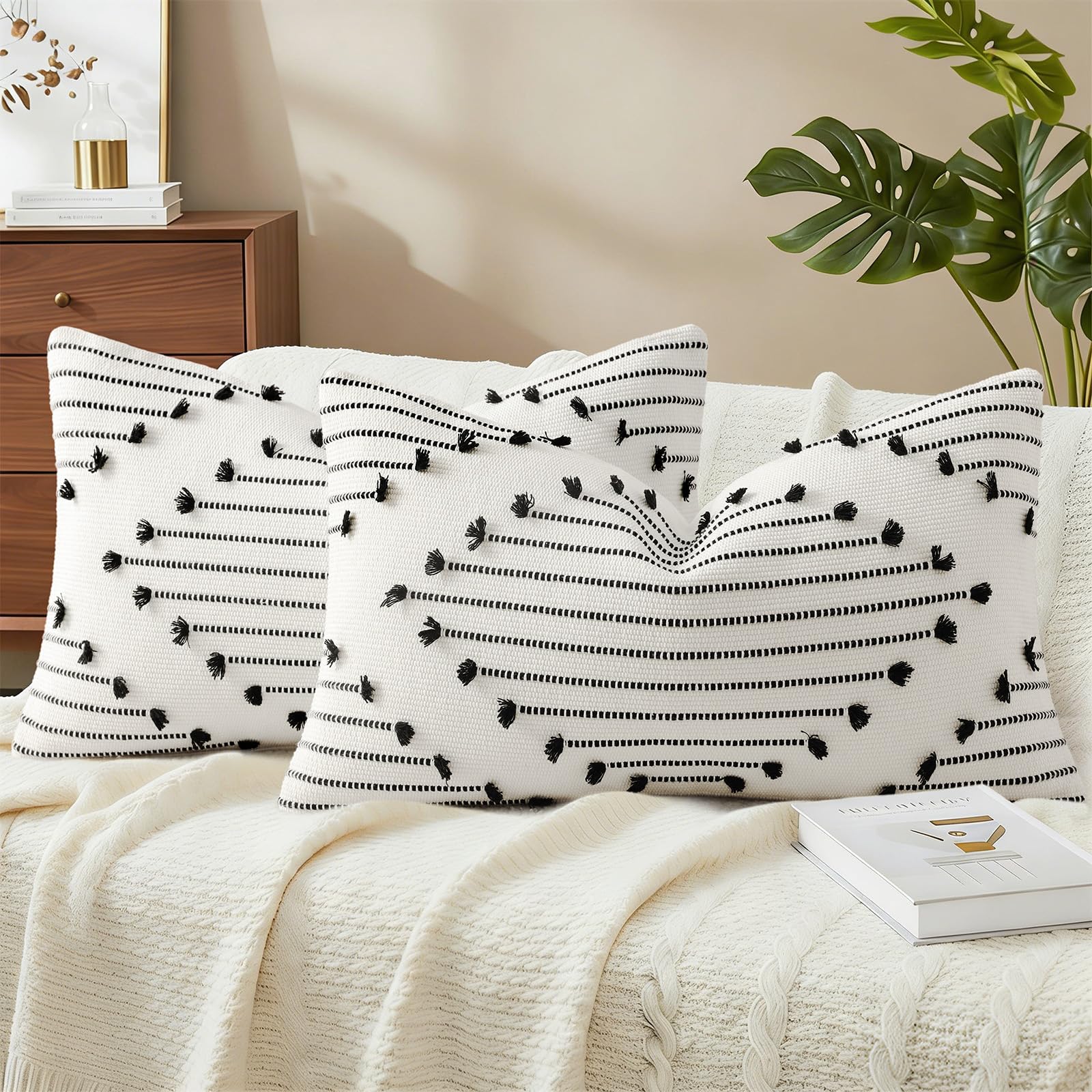 Mecatny Boho Summer Outdoor Throw Pillow Covers 18X18 Set of 2, Farmhouse Decorative Pillow Covers for Couch Sofa Living Room, Navy & Cream White