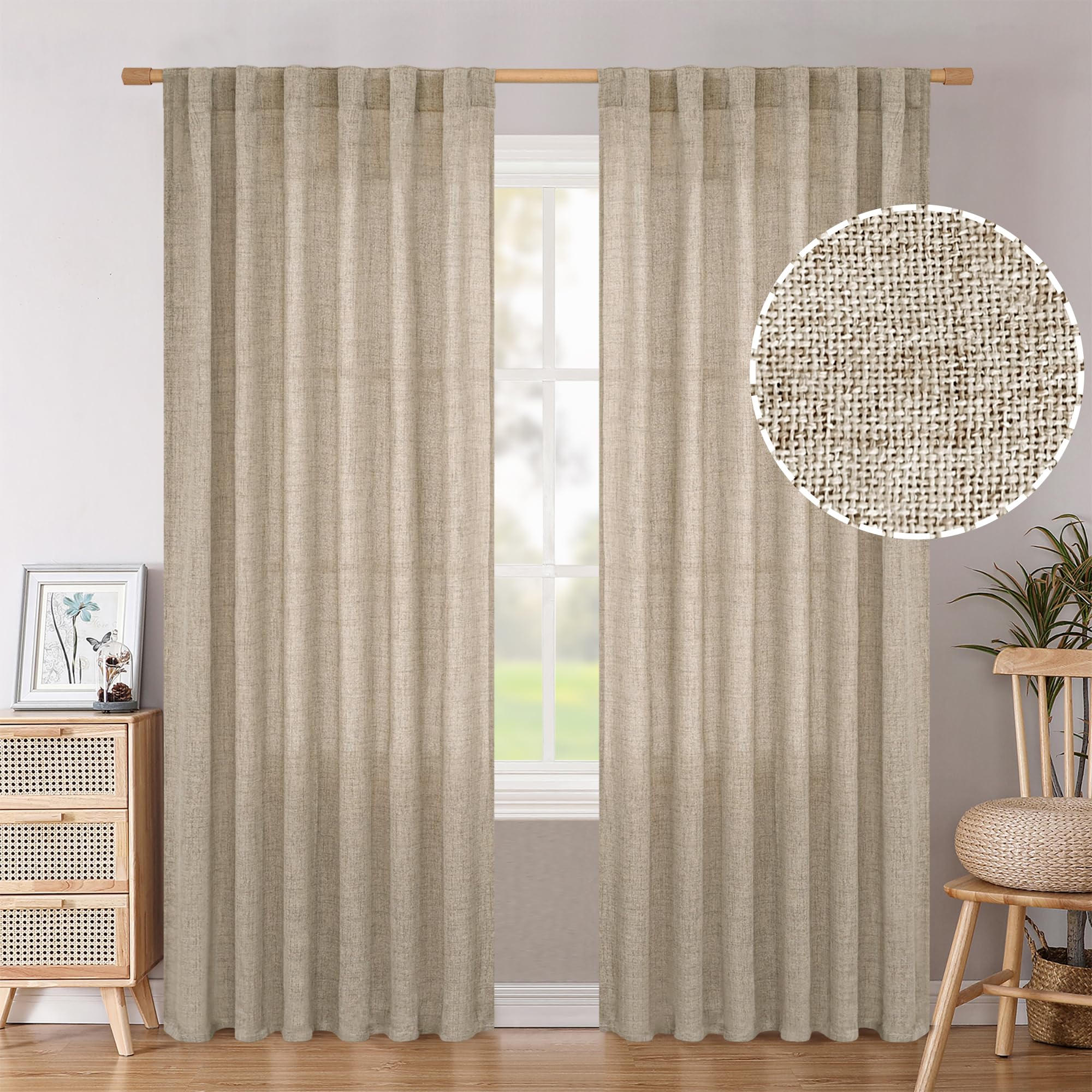 BGment Natural Linen Semi Sheer Curtains 96 Inch Length 2 Panels for Living Room, Beige Light Filtering Window Drapes with Rod Pocket Back Tab Extre Long for Dining Bedroom, 52 X 96 Inch