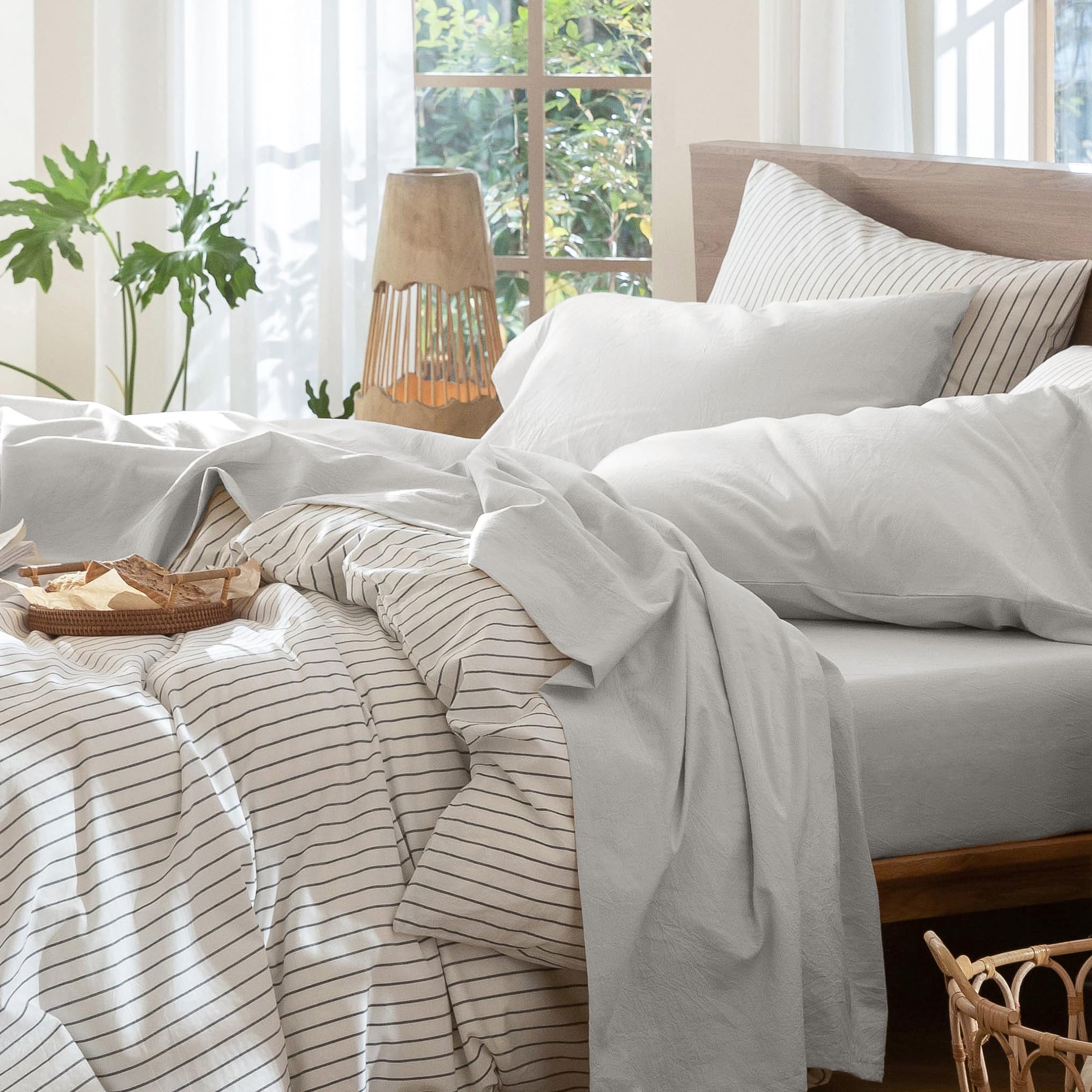 MooMee Bedding Sheet Set 100% Washed Cotton Linen Like Textured Breathable Durable Soft Comfy (Heathered Green, Queen)