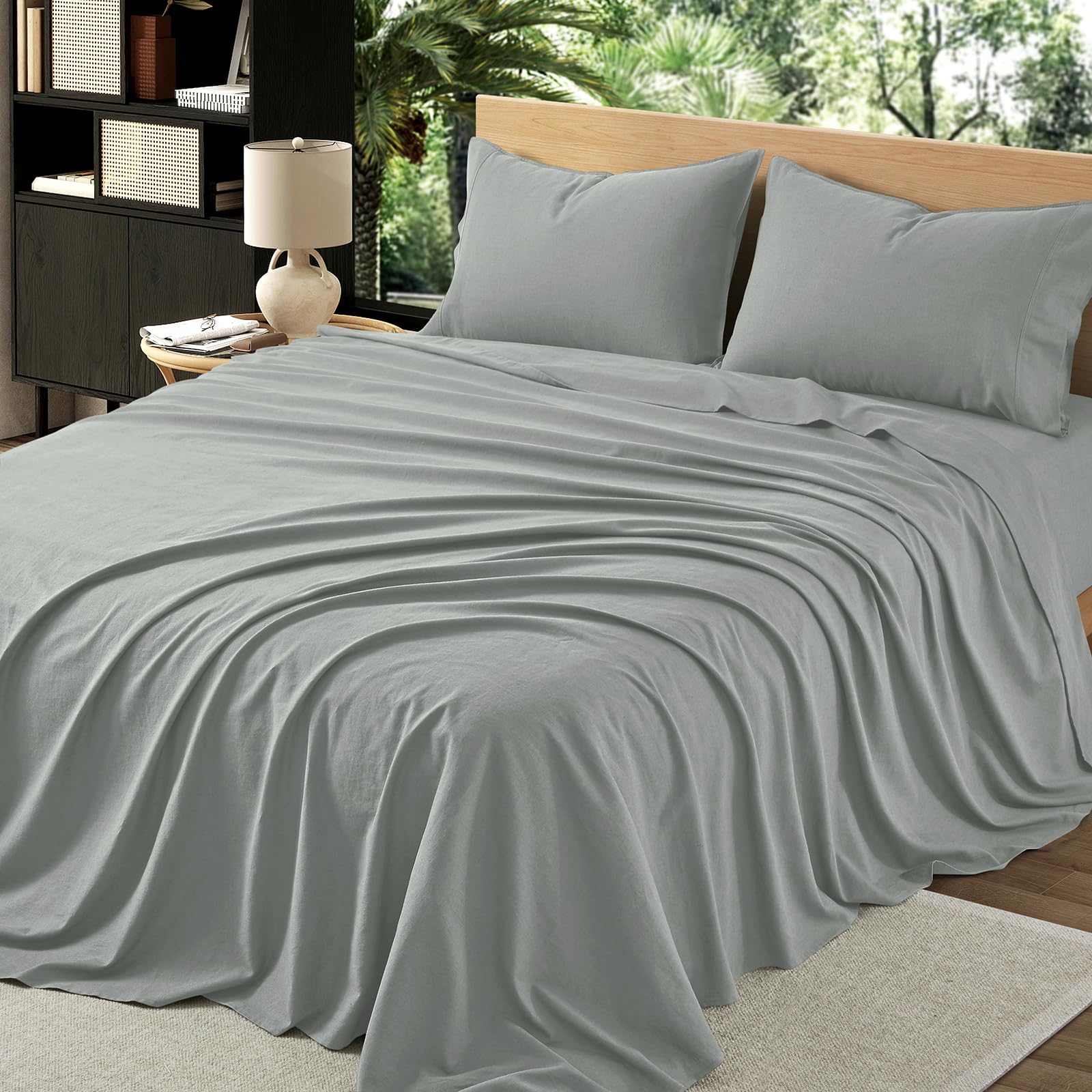 4Pcs Organic Linen Sheets King Size, 100% French Linen from Normandy, Tear-Resistant Natural Linen King Sheet Set with 16 Inch Deep Pocket, 1 Flat Sheet, 1 Fitted Sheet, 2 Pillowcases