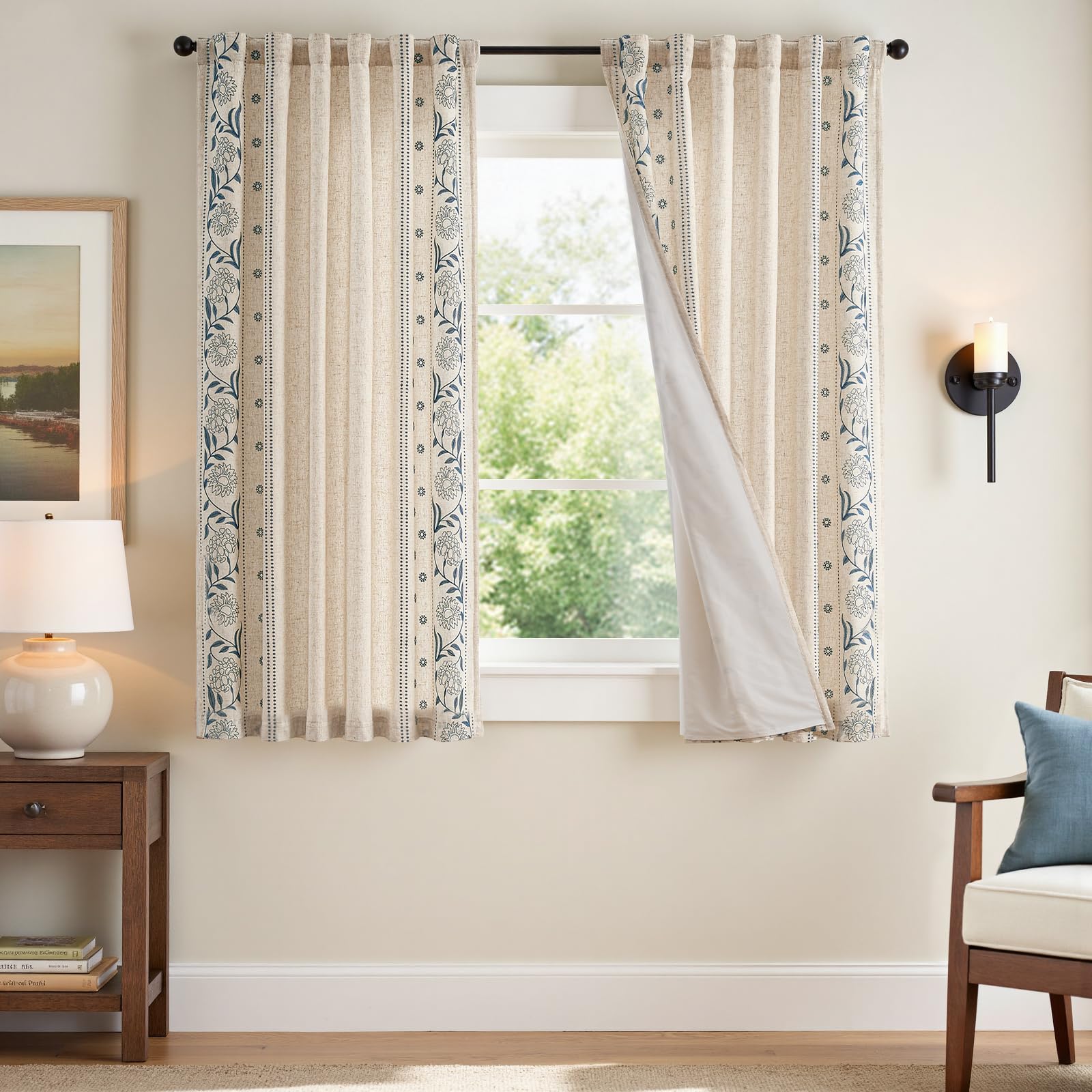 jinchan Winslow Linen Curtains for Bedroom 84 Inches Length Ivory on Taupe Embroidered Bordered Floral Curtains for Living Room Farmhouse Decor Light Filtering Window Treatments 2 Panels