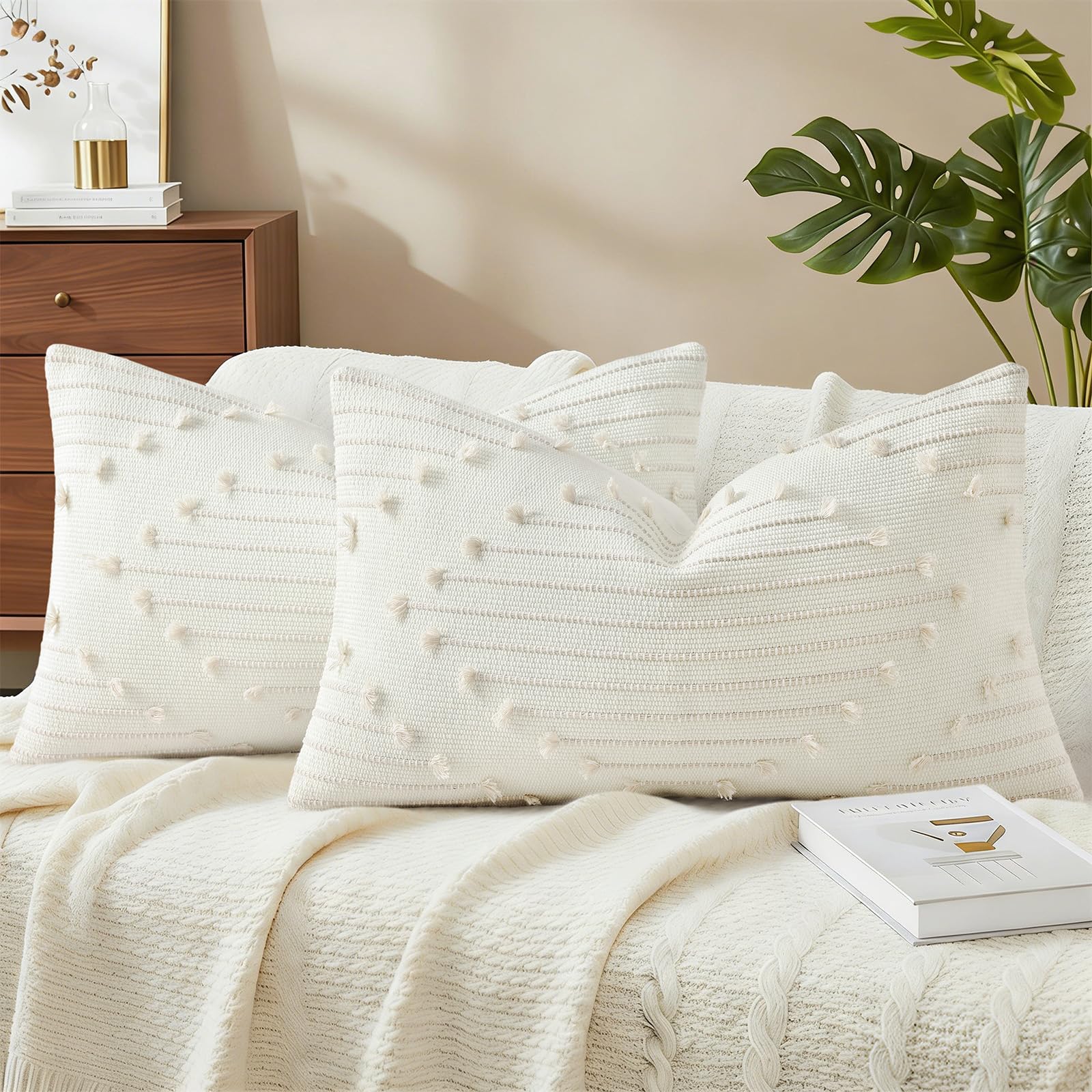 Mecatny Boho Summer Outdoor Throw Pillow Covers 18X18 Set of 2, Farmhouse Decorative Pillow Covers for Couch Sofa Living Room, Navy & Cream White