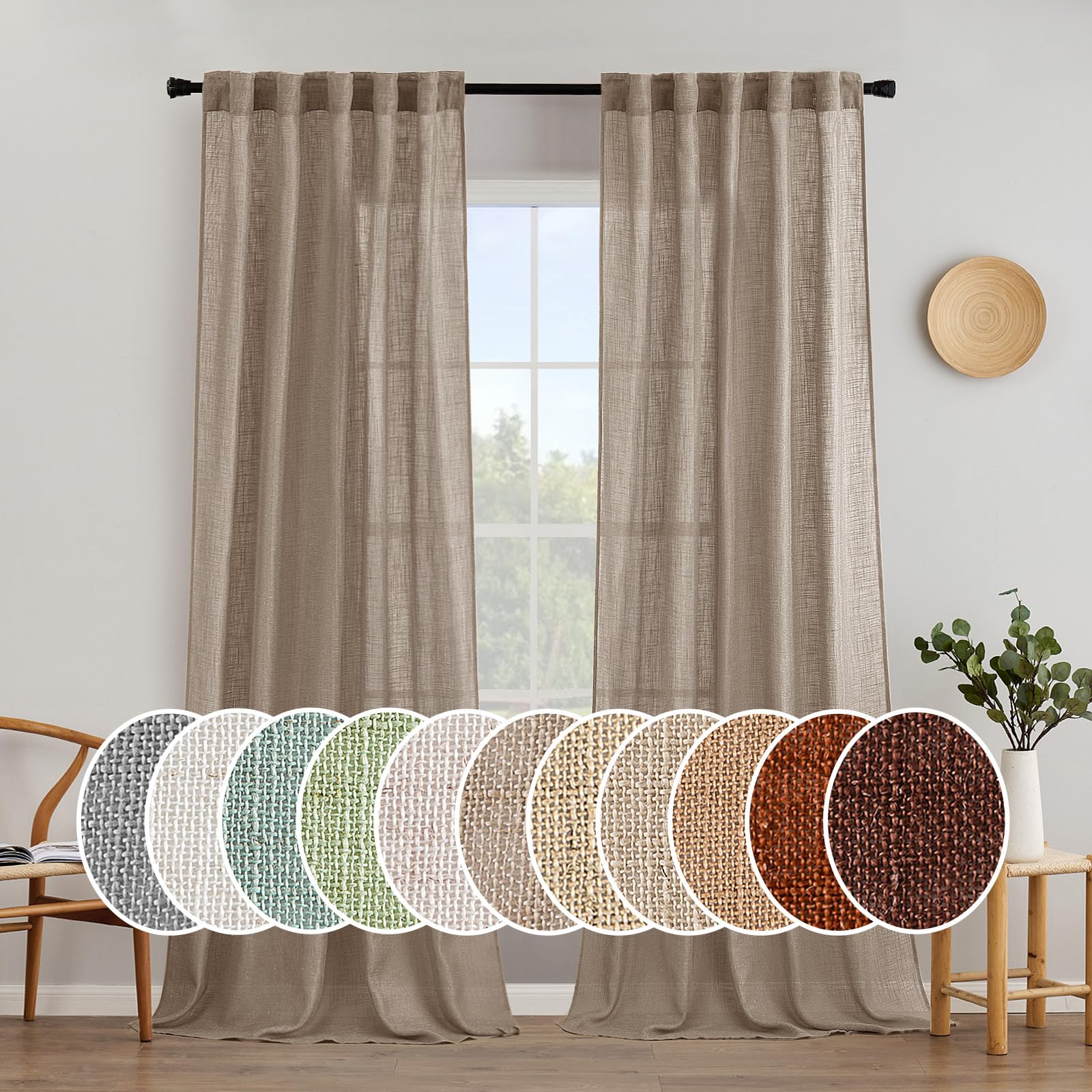 MIULEE Taupe Linen Curtains 84 Inch Length for Bedroom Living Room, Soft Thick Linen Textured Window Drapes Semi Sheer Light Filtering Back Tab Rod Pocket Burlap Look Farmhouse Country Decor, 2 Panels