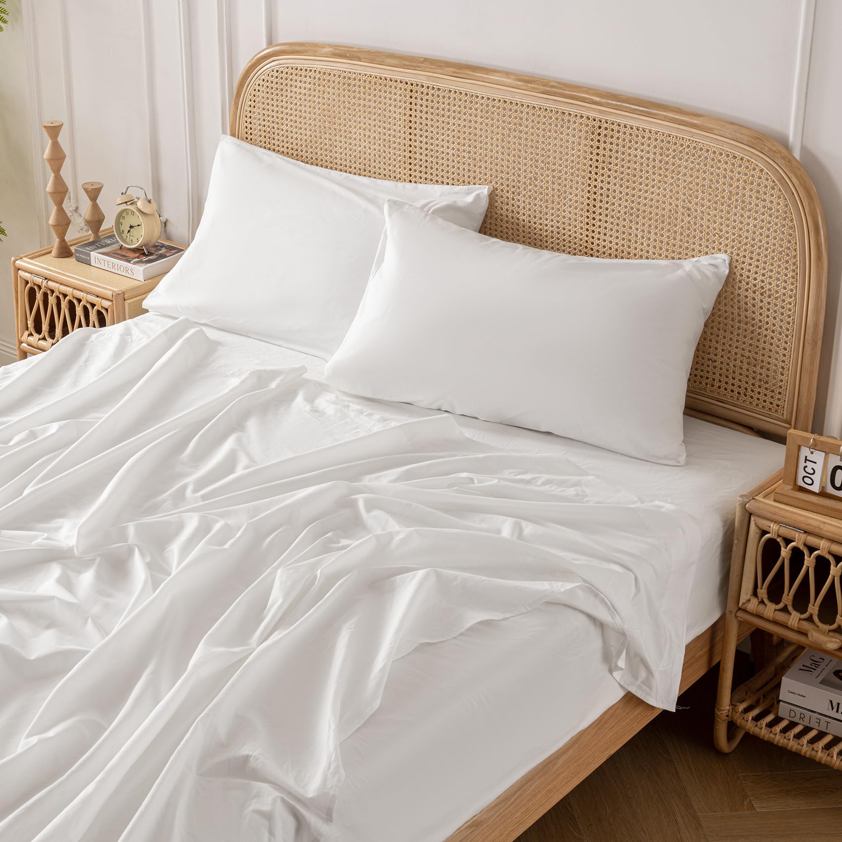 Yibeizi Light Blue 100% Washed Cotton Linen Feel Sheet Set Queen Size, 4 Pieces Deep Pocket Bed Sheets Soft Breathable Hotel Bedsheets
