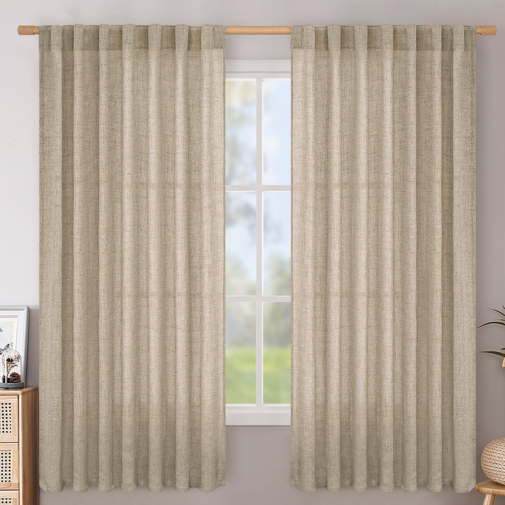 BGment Natural Linen Semi Sheer Curtains 96 Inch Length 2 Panels for Living Room, Beige Light Filtering Window Drapes with Rod Pocket Back Tab Extre Long for Dining Bedroom, 52 X 96 Inch